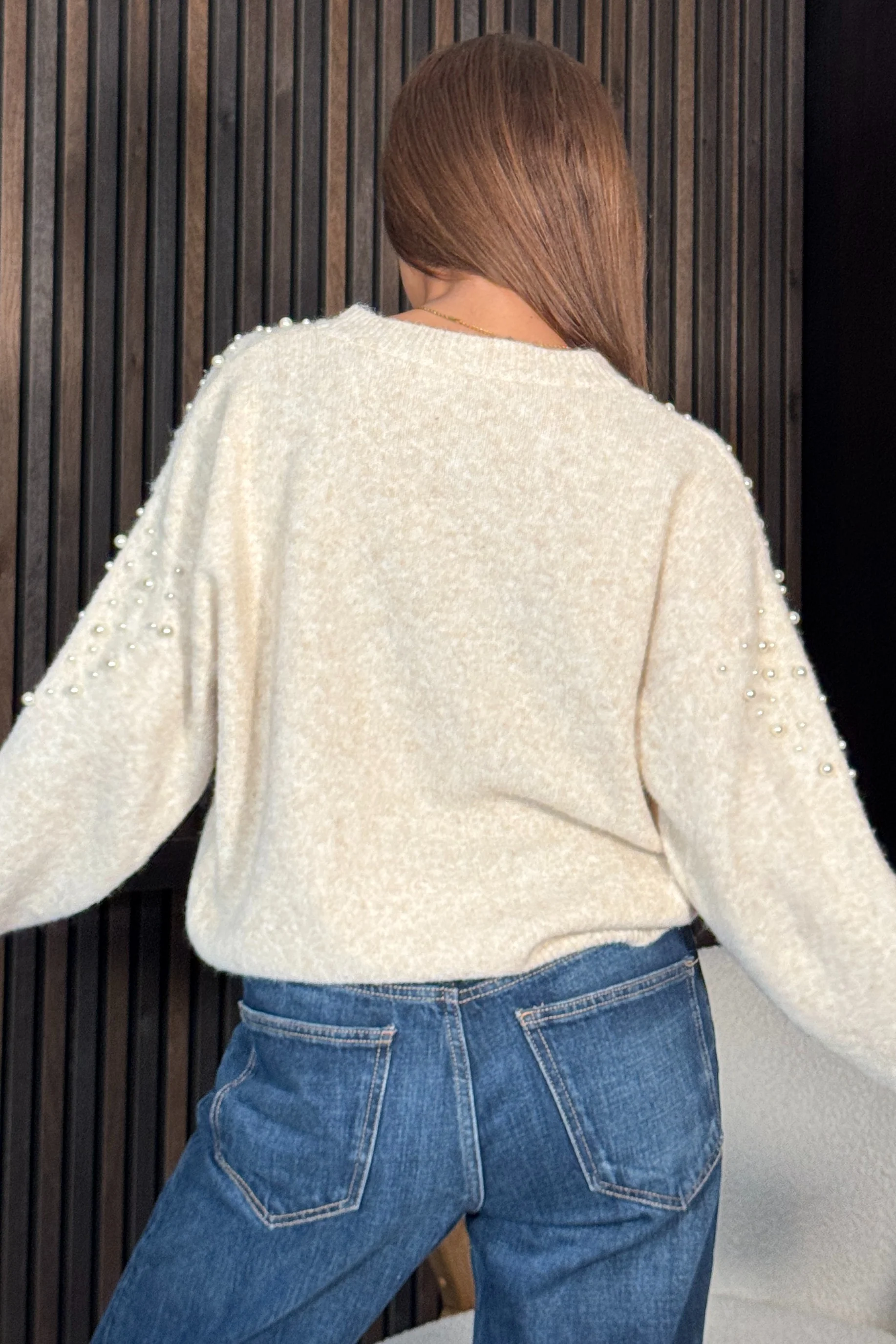 Rosaria Pearl Detail Round Neck Jumper Cream - Image 7