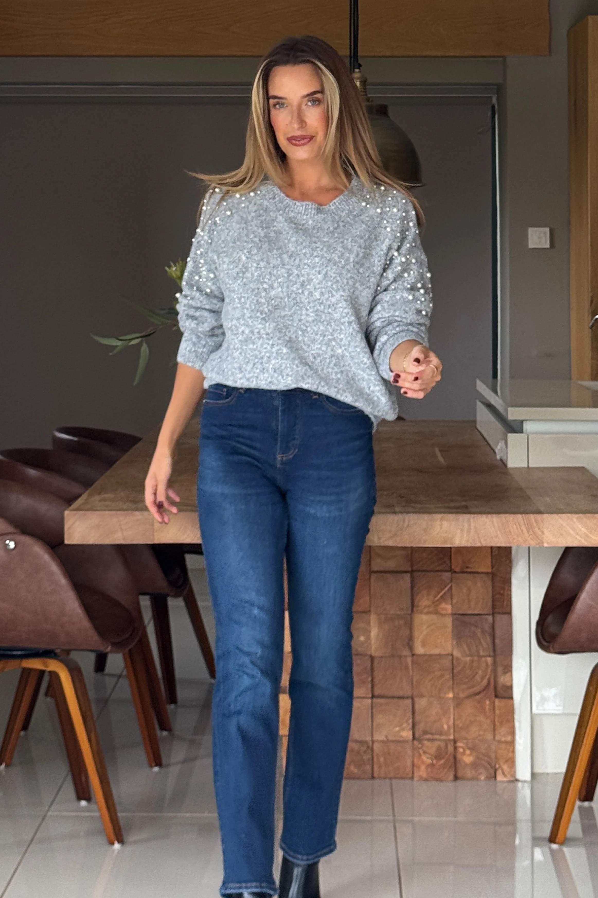 Rosaria Pearl Detail Round Neck Jumper Grey - Image 3