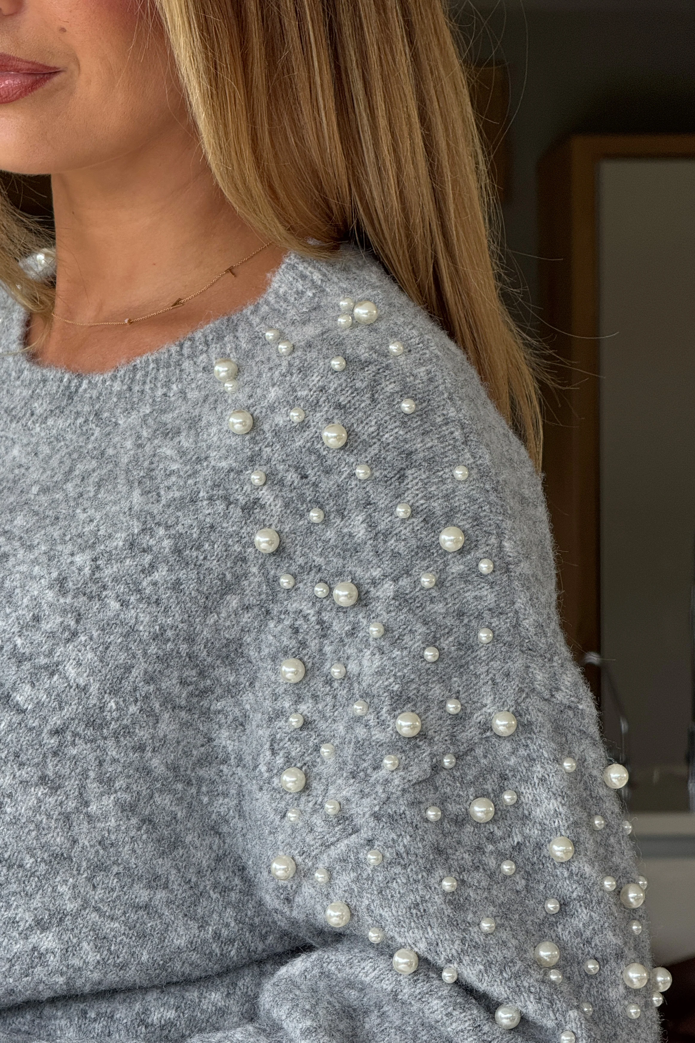 Rosaria Pearl Detail Round Neck Jumper Grey - Image 4