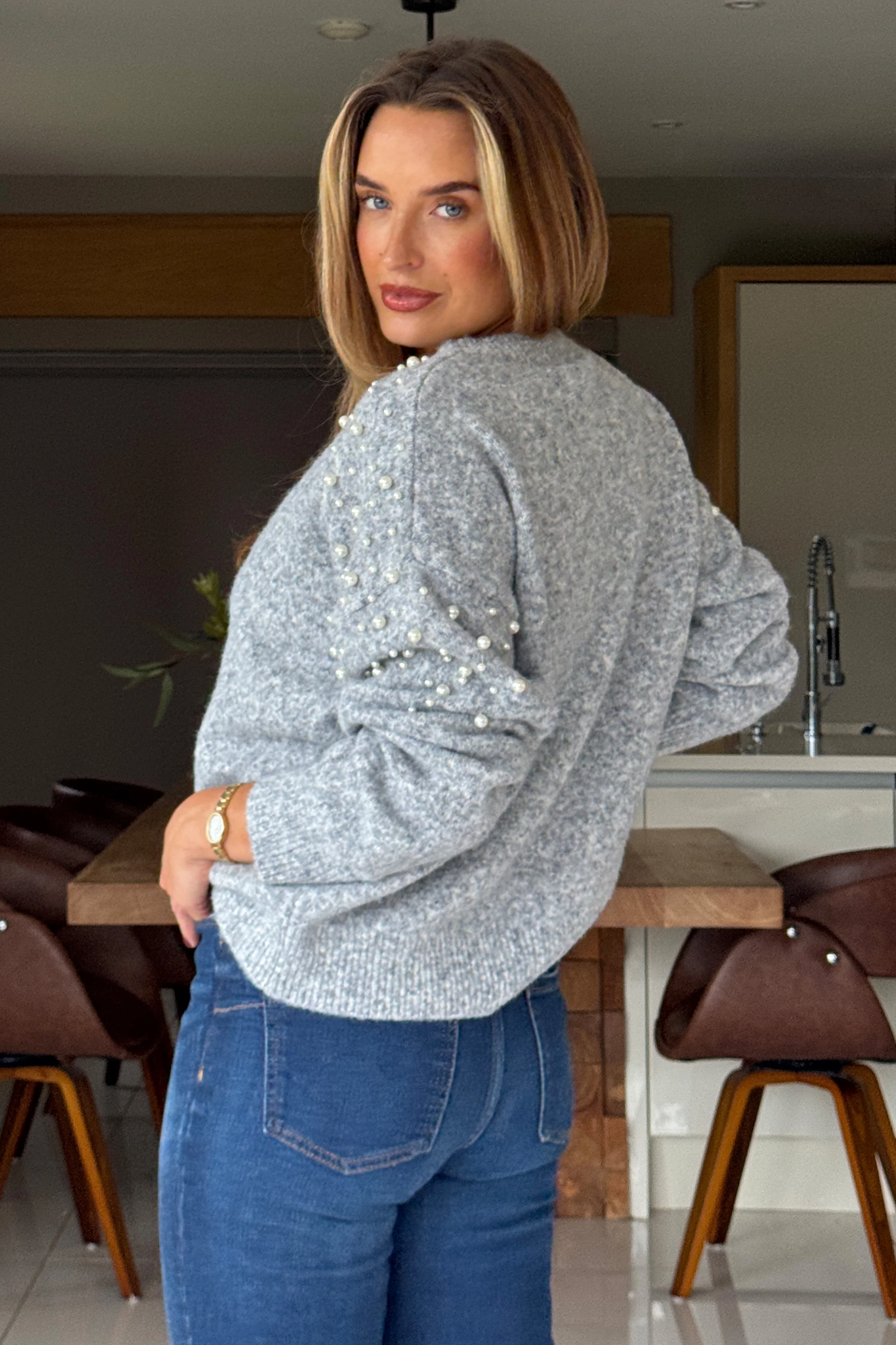 Rosaria Pearl Detail Round Neck Jumper Grey - Image 7