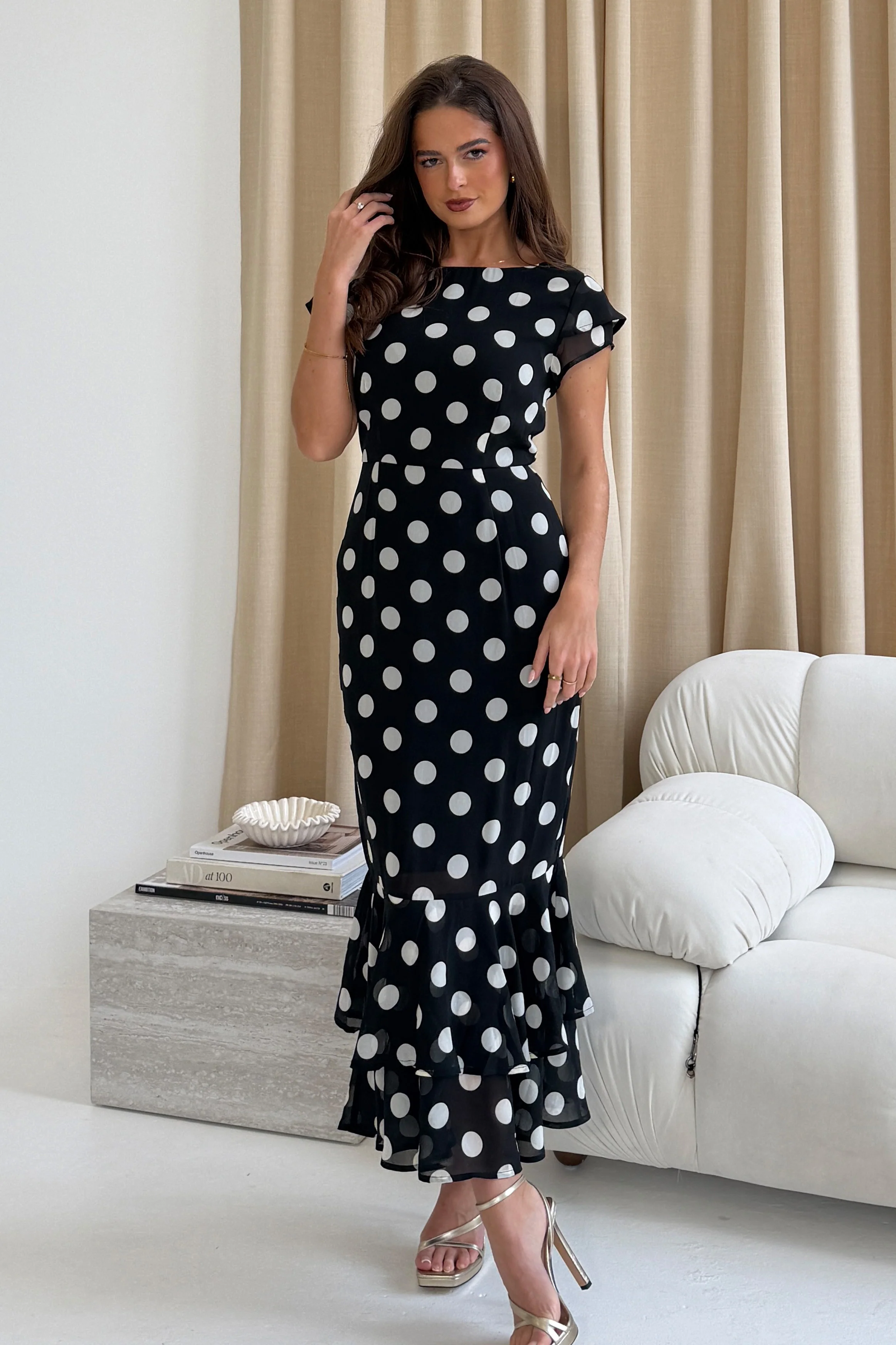 Roxy Boat Neck Frill Midi Black Spot - Image 4