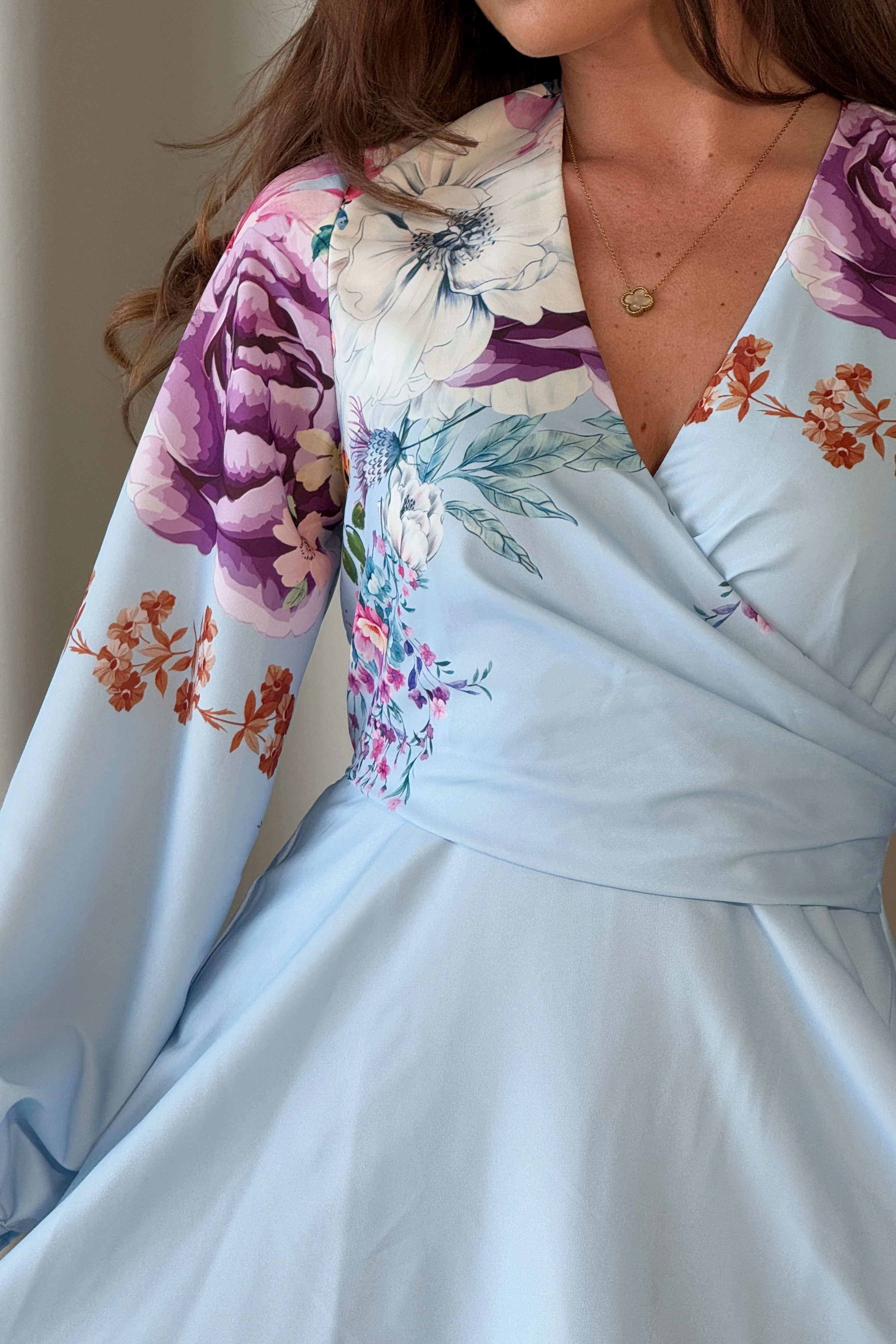Ruth Blue Floral Wrap Mini Skater Dress - Image 3