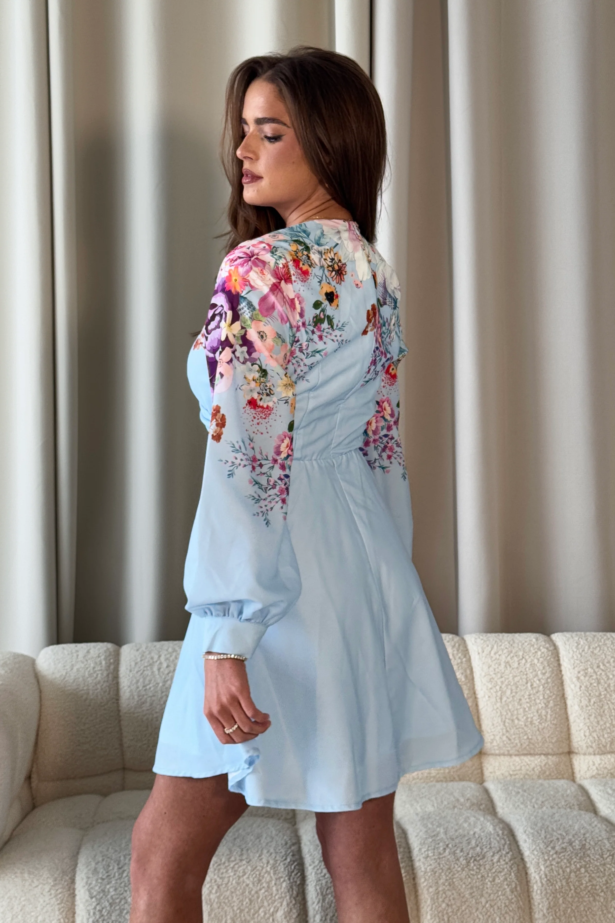 Ruth Blue Floral Wrap Mini Skater Dress - Image 4
