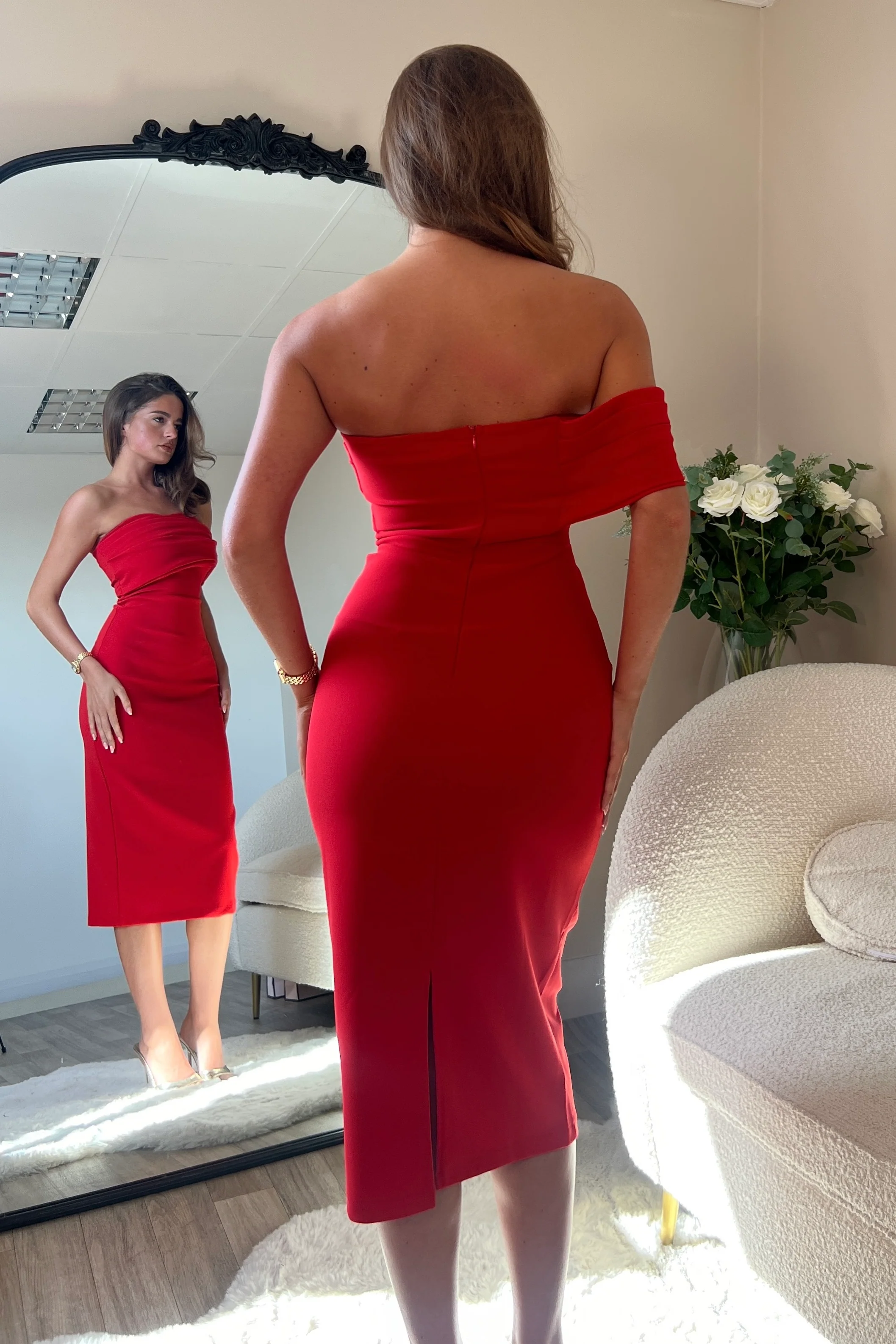 Sabrina Red One Shoulder Bodycon Midi Dress - Image 4