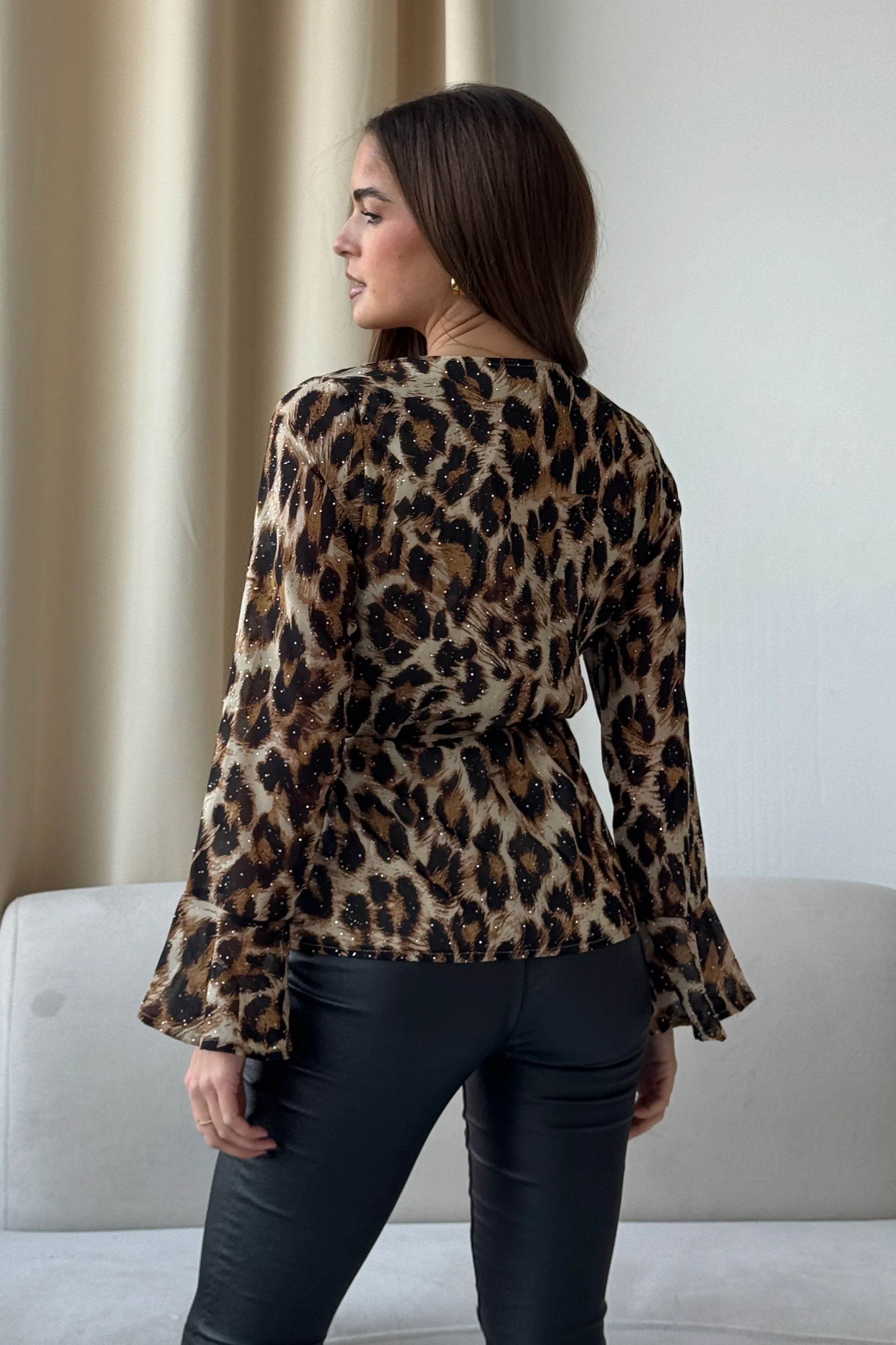 Sage Wrap Tie Front Top In Diamante Animal Print - Image 4
