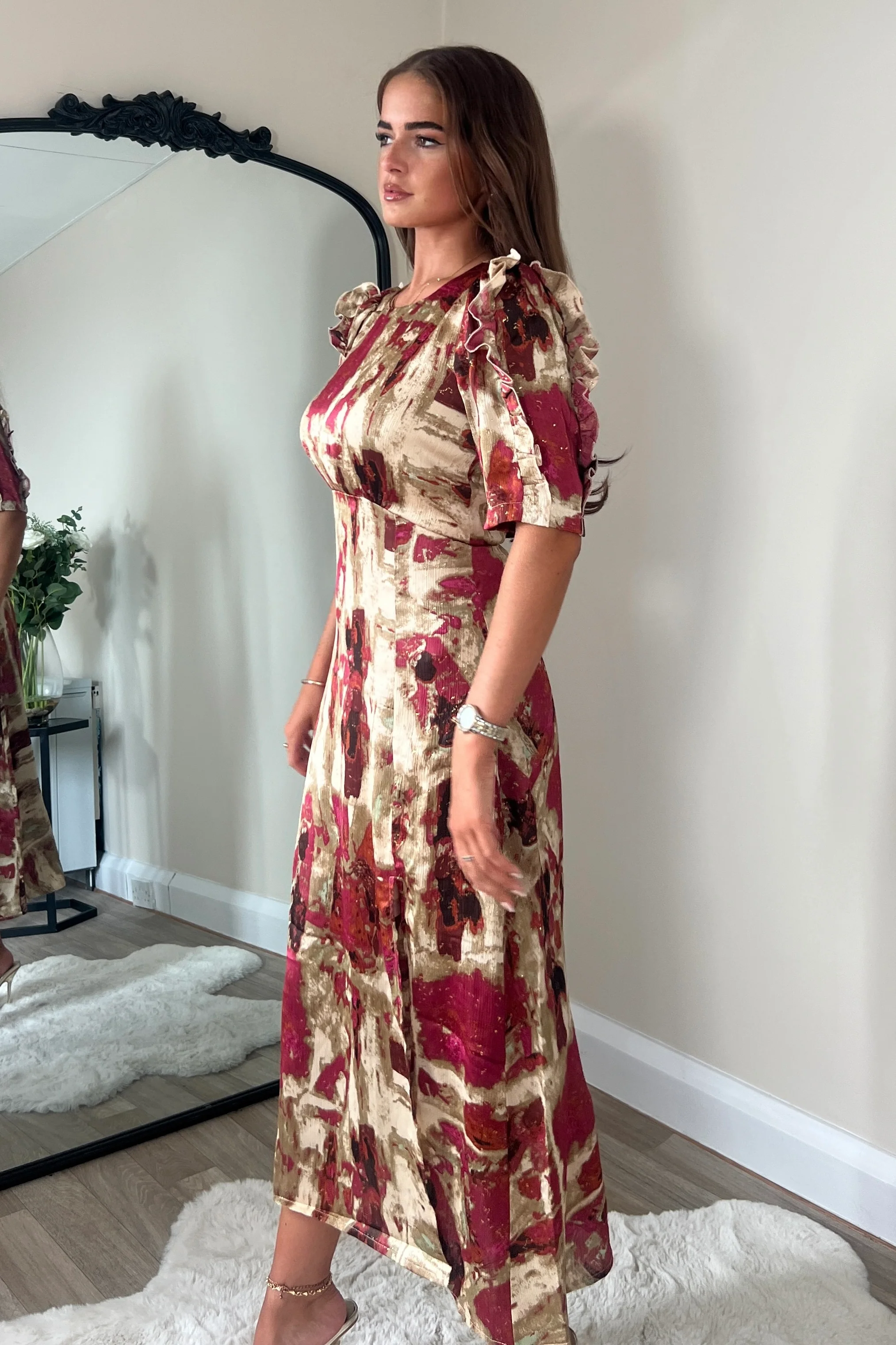 Samira Abstract Frill Sleeve Midi Dress - Image 2