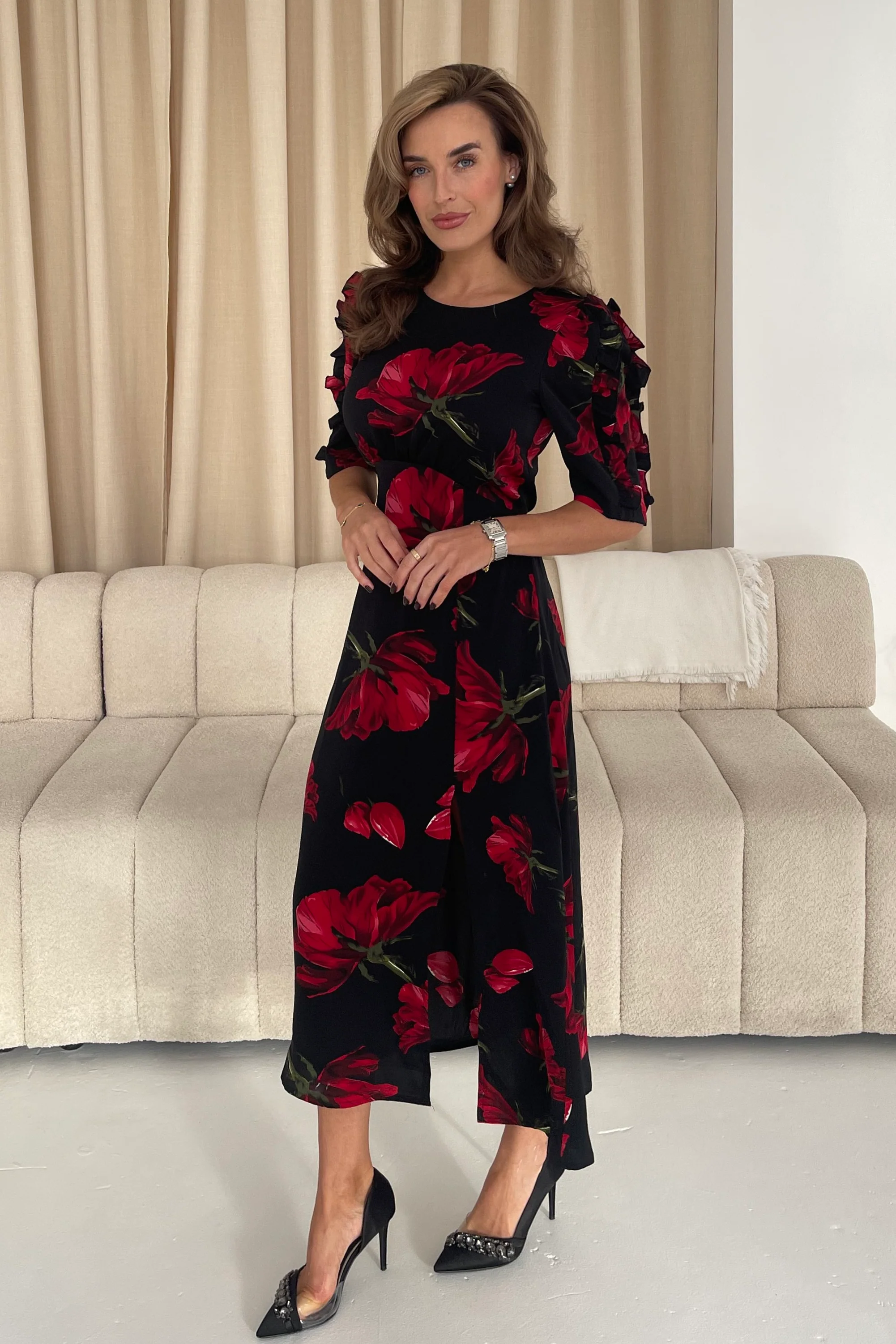 Samira Black Floral Frill Sleeve Midi Dress - Image 3