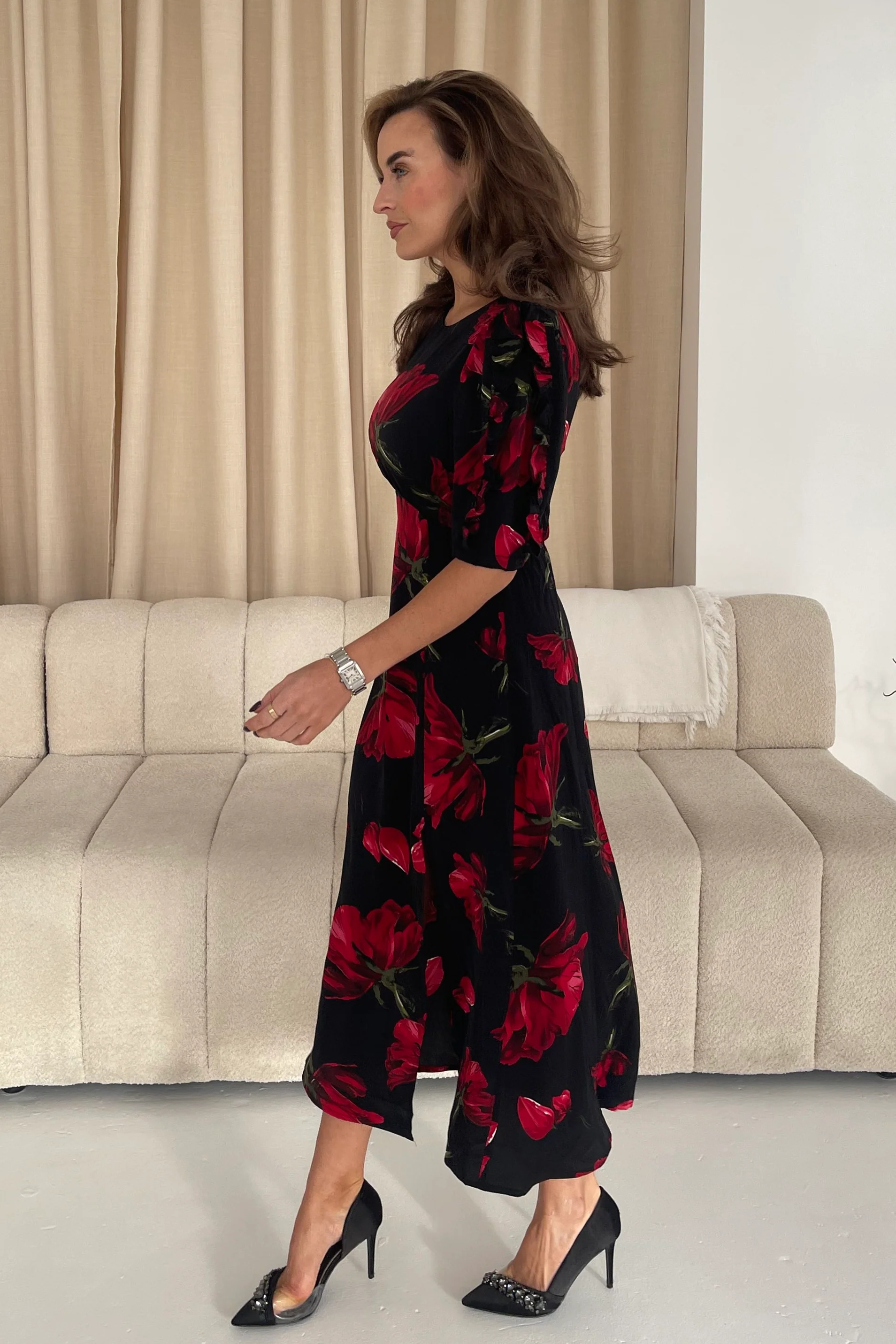 Samira Black Floral Frill Sleeve Midi Dress - Image 4