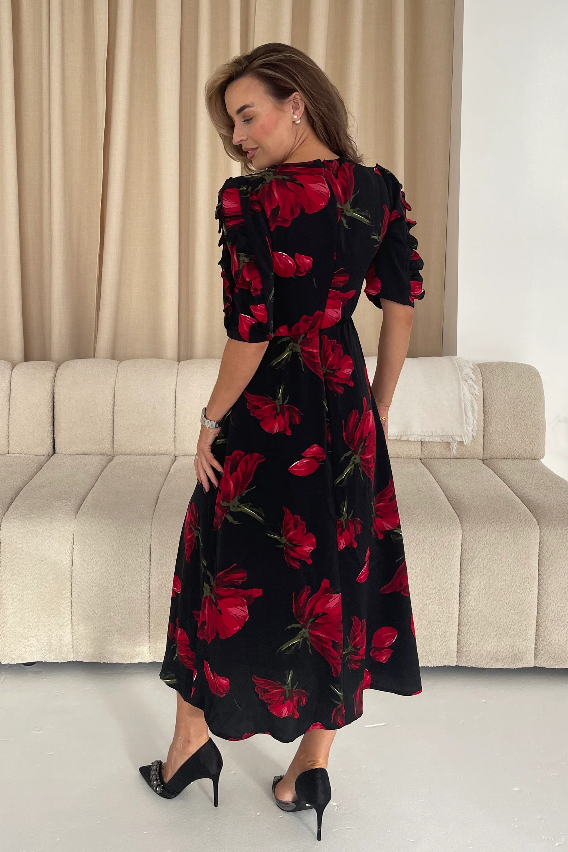 Samira Black Floral Frill Sleeve Midi Dress - Image 5