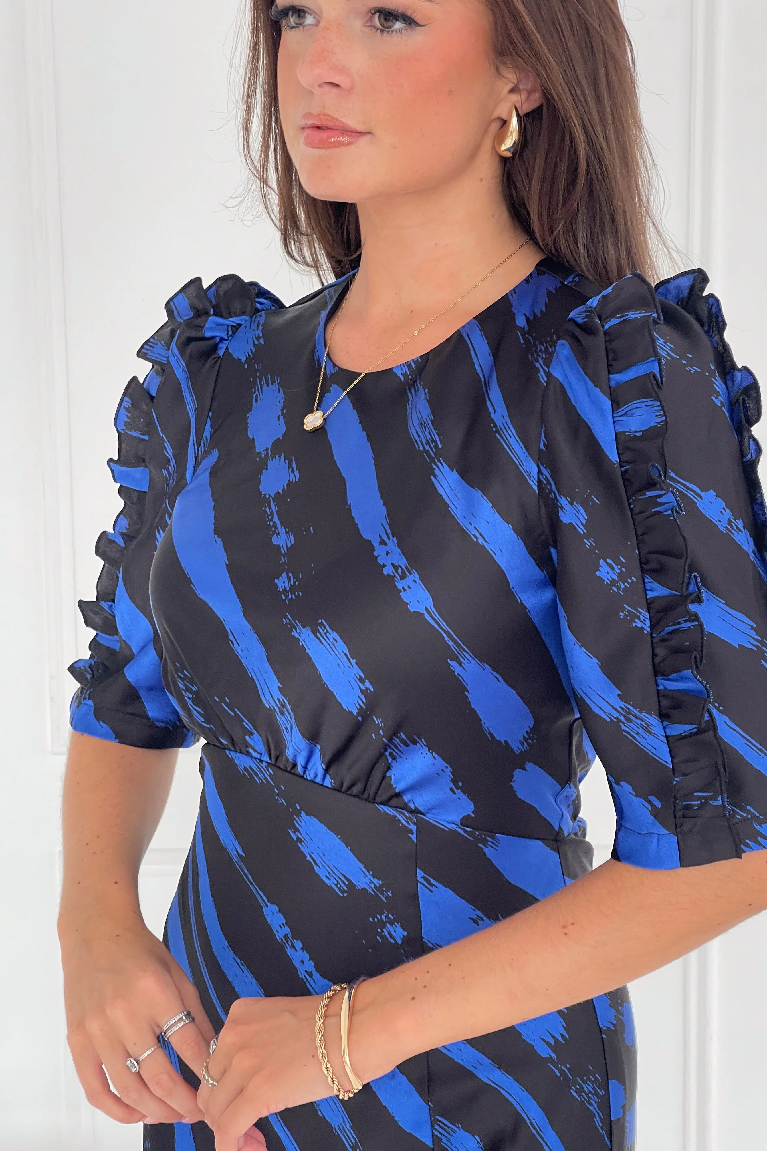 Samira Cobalt Print Frill Sleeve Midi Dress - Image 2