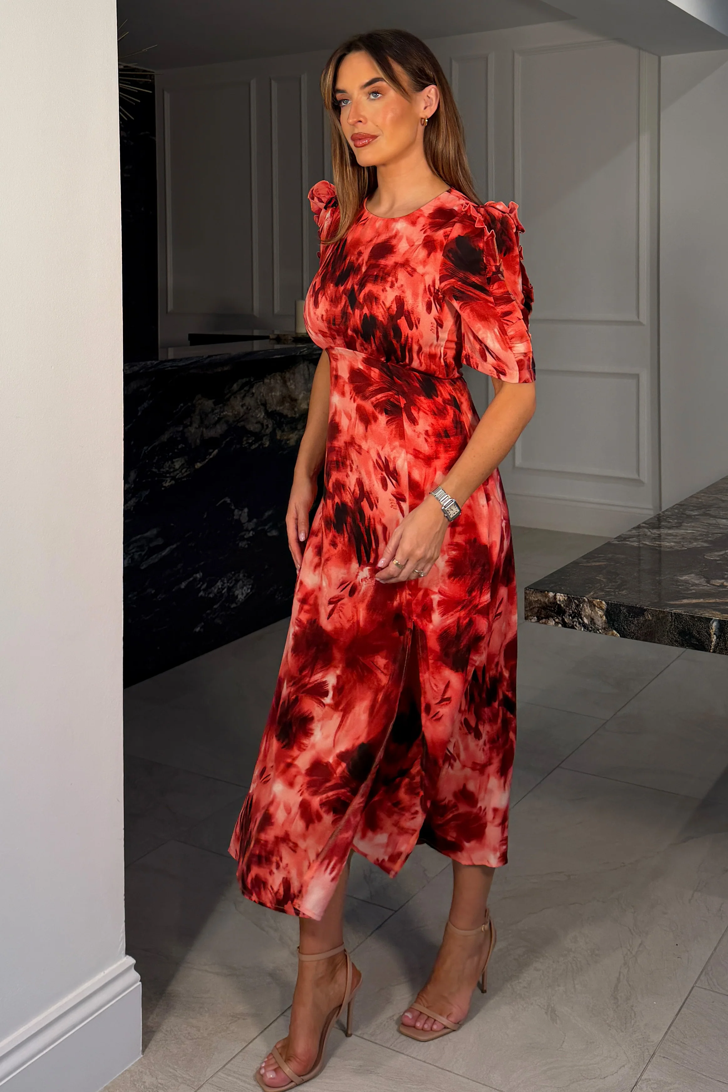 Samira Red Abstract Frill Sleeve Midi Dress - Image 3