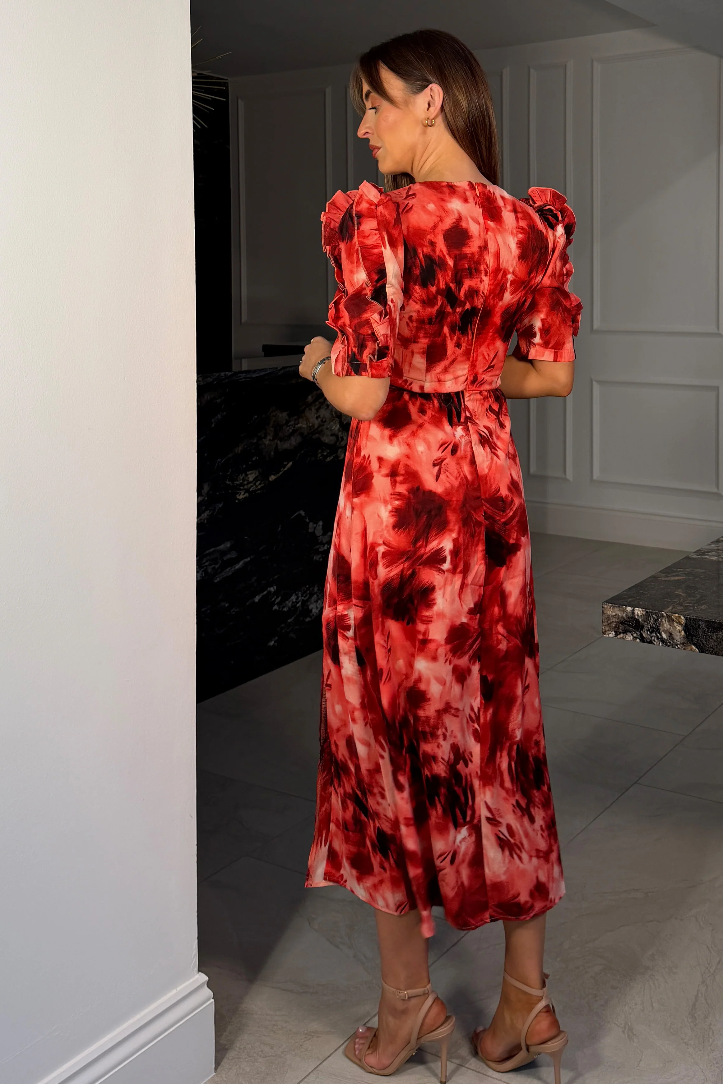 Samira Red Abstract Frill Sleeve Midi Dress - Image 4