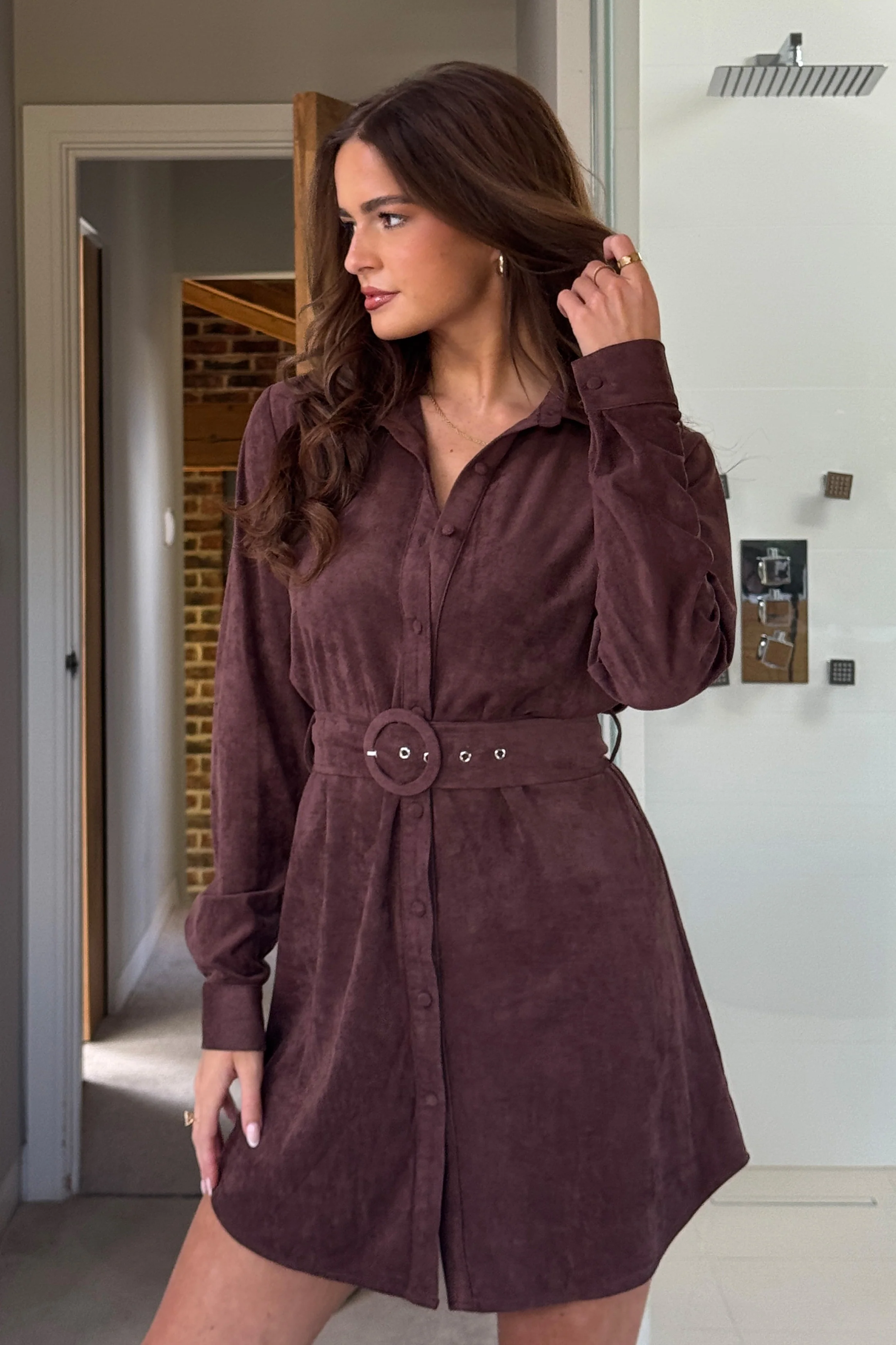 Savora Suede Mini Shirt Dress Chocolate - Image 3