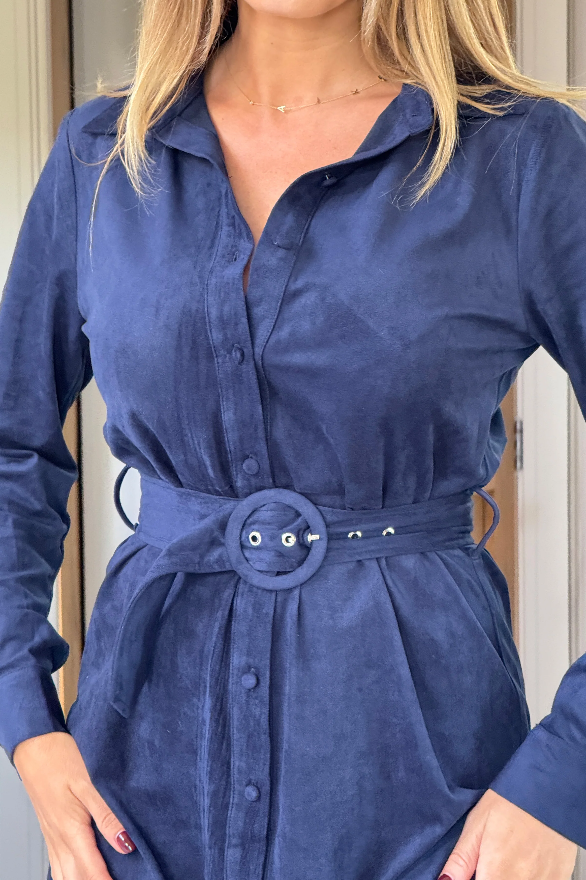 Savora Suede Mini Shirt Dress Navy - Image 2