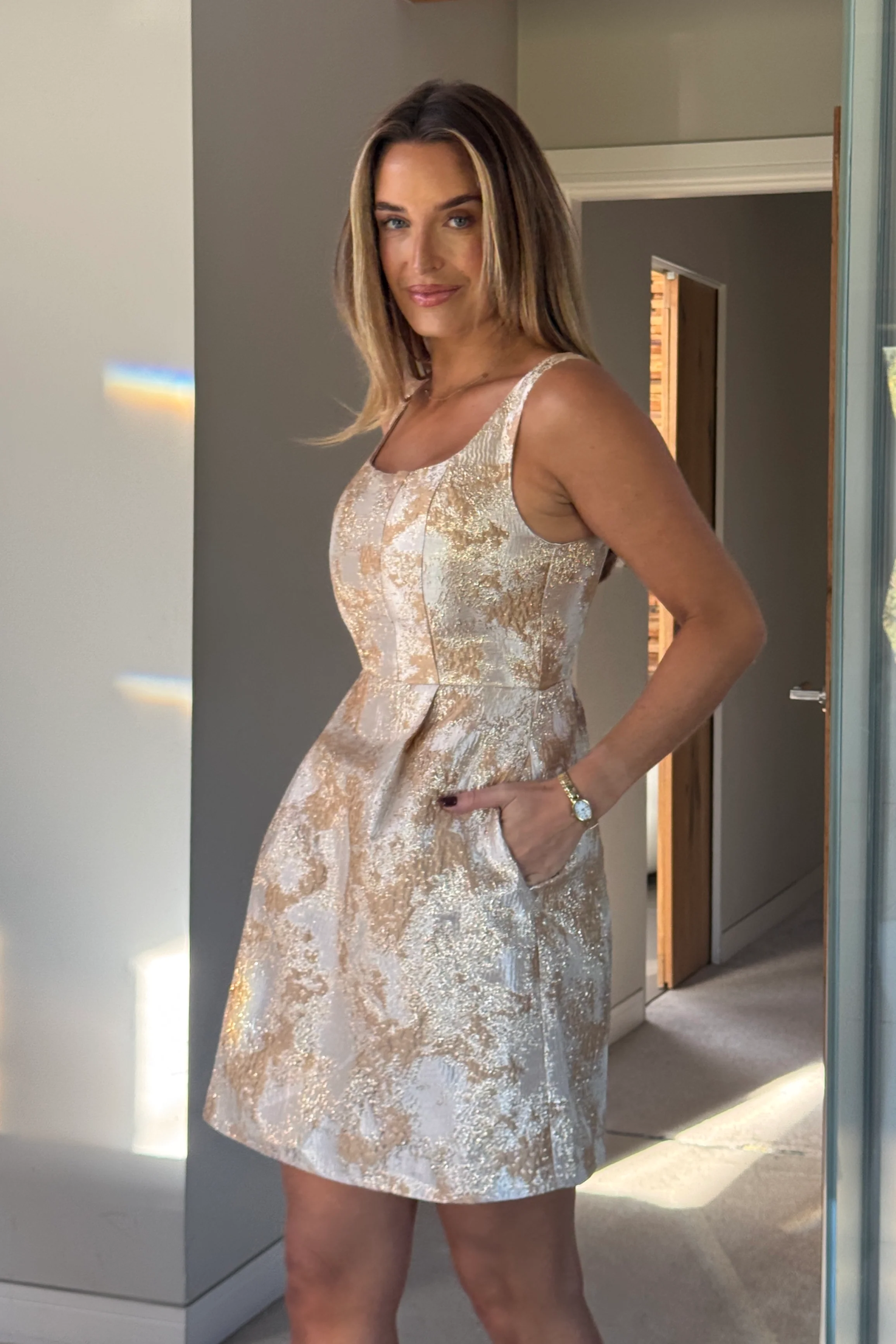 Shania Gold Jacquard Structured Mini Dress - Image 4