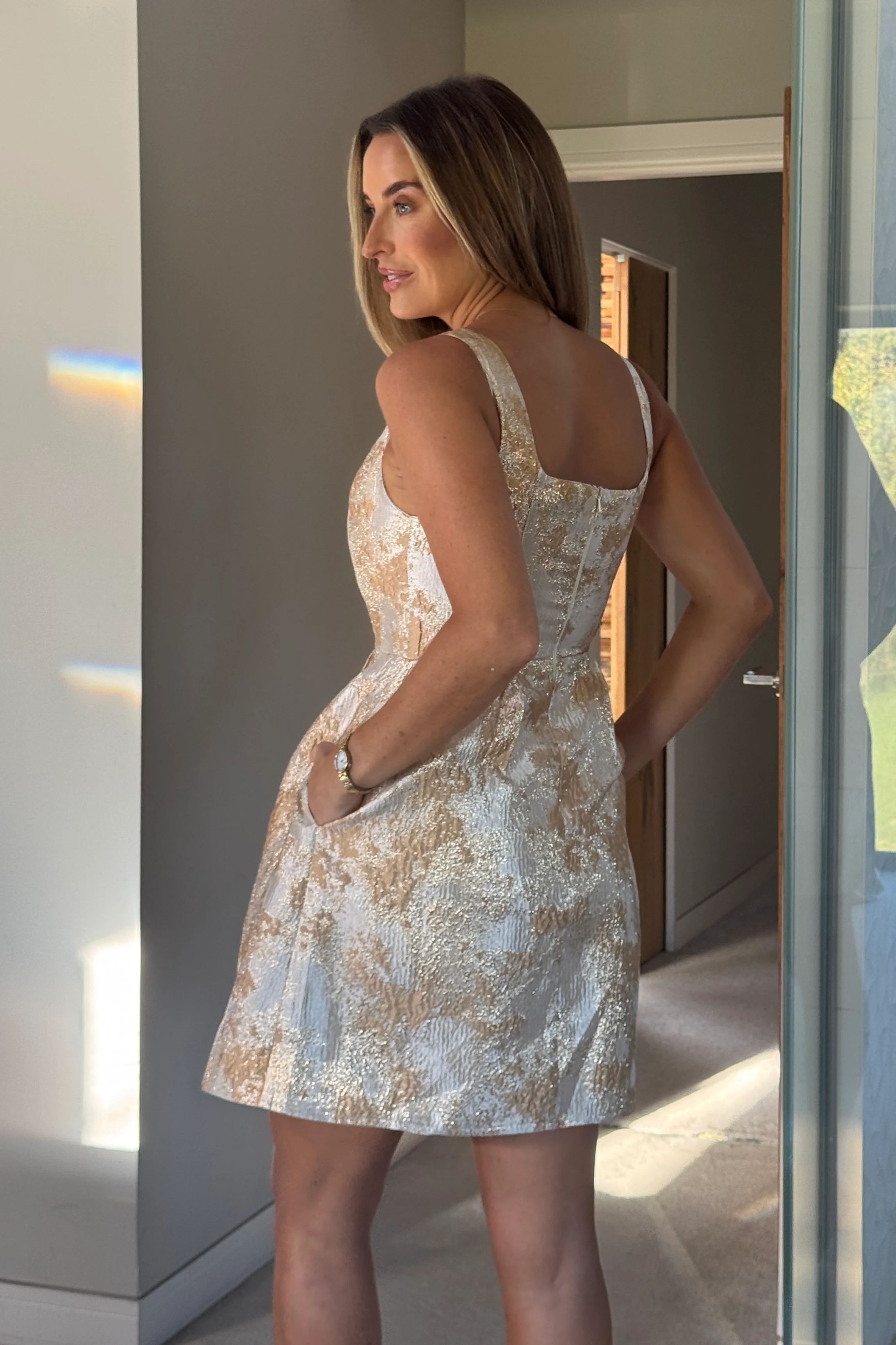Shania Gold Jacquard Structured Mini Dress - Image 5