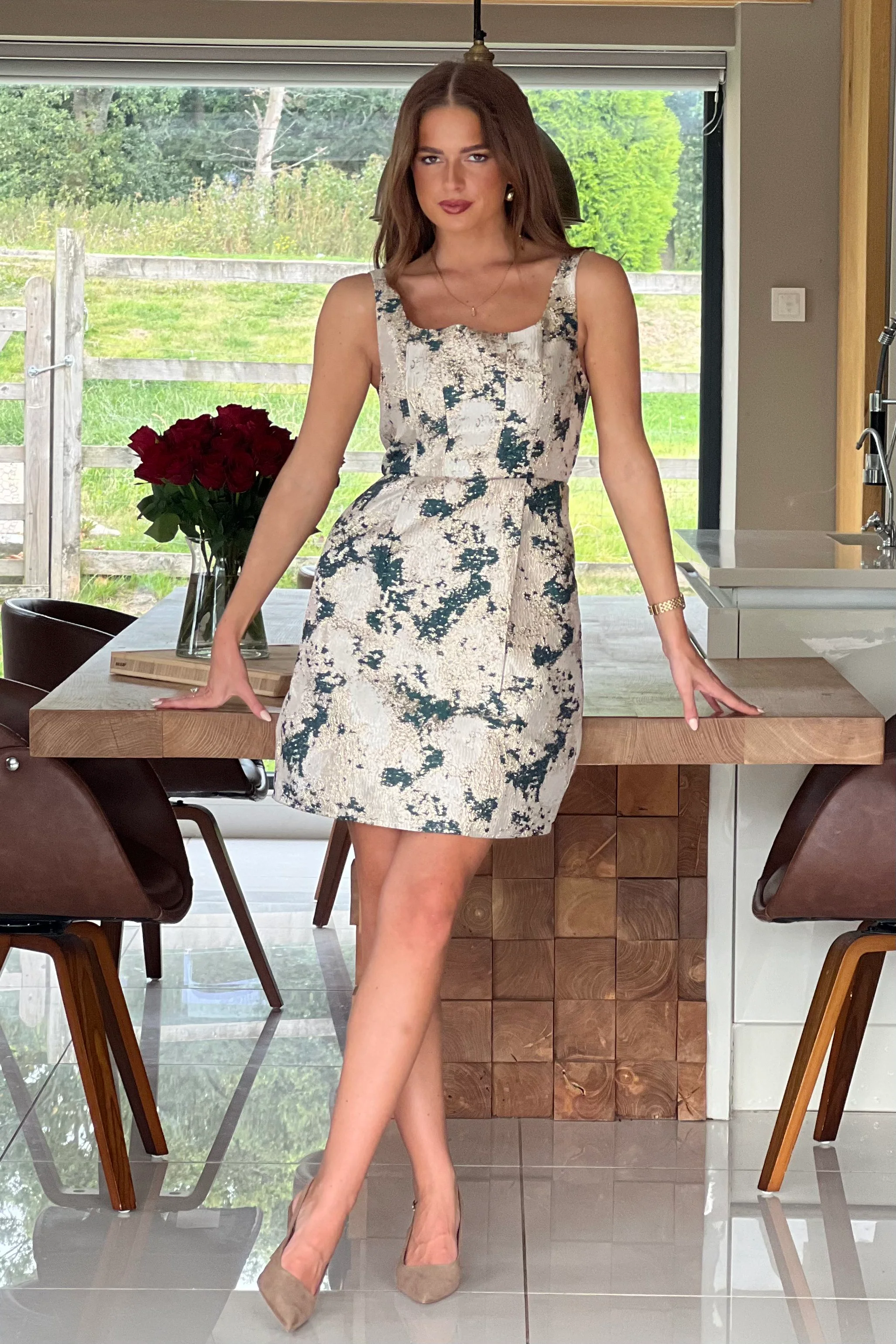 Shania Green Jacquard Structured Mini Dress - Image 2