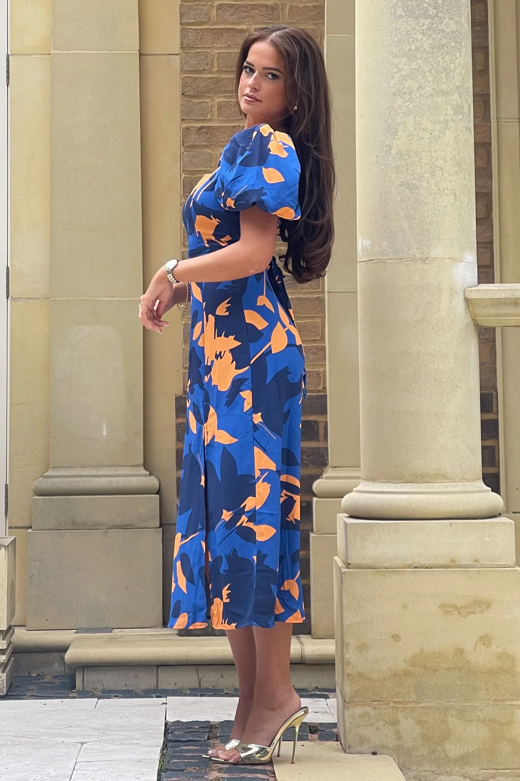 Shanice Cobalt & Orange Floral Square Neck Midi Dress - Image 3