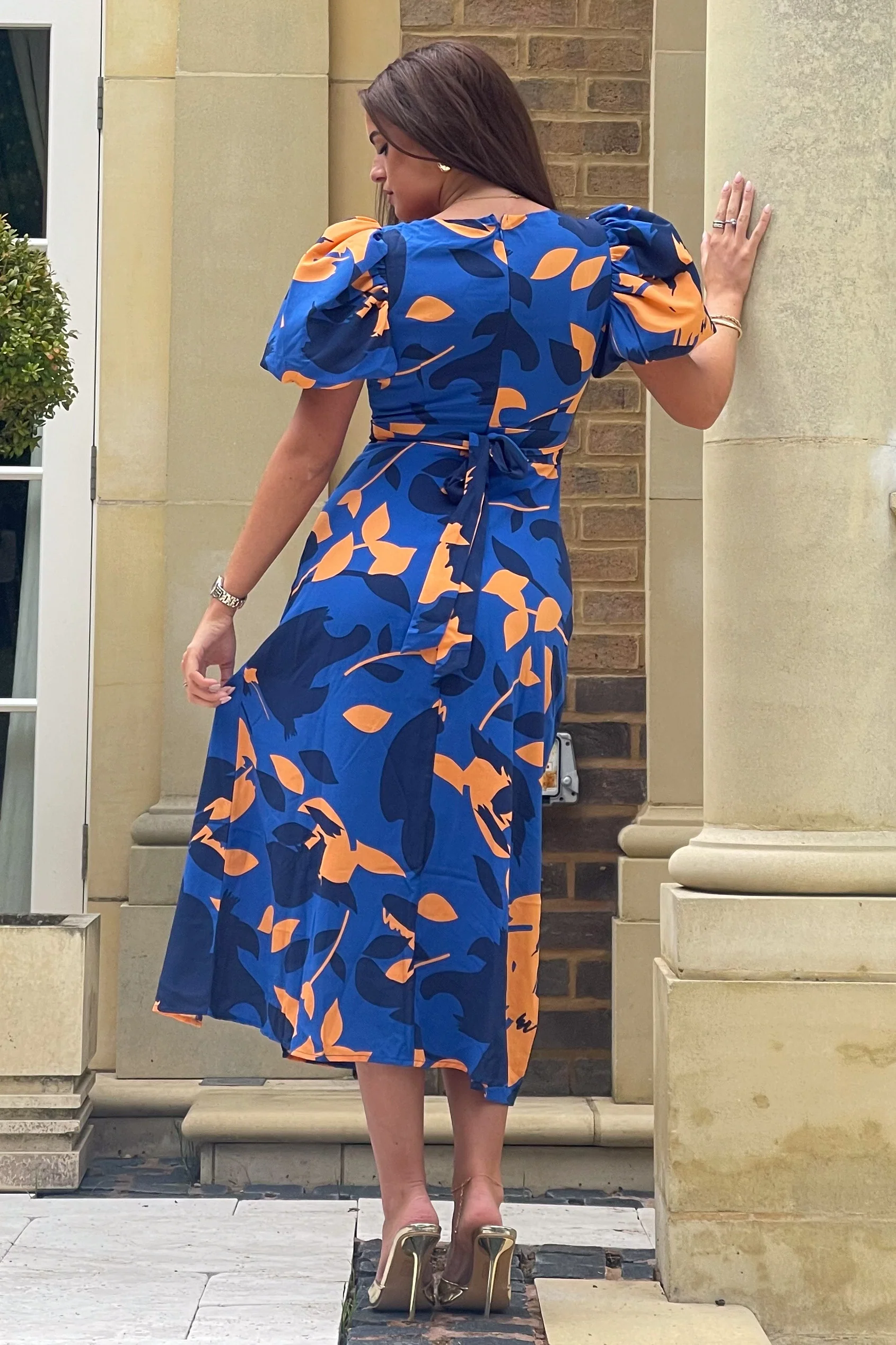Shanice Cobalt & Orange Floral Square Neck Midi Dress - Image 4