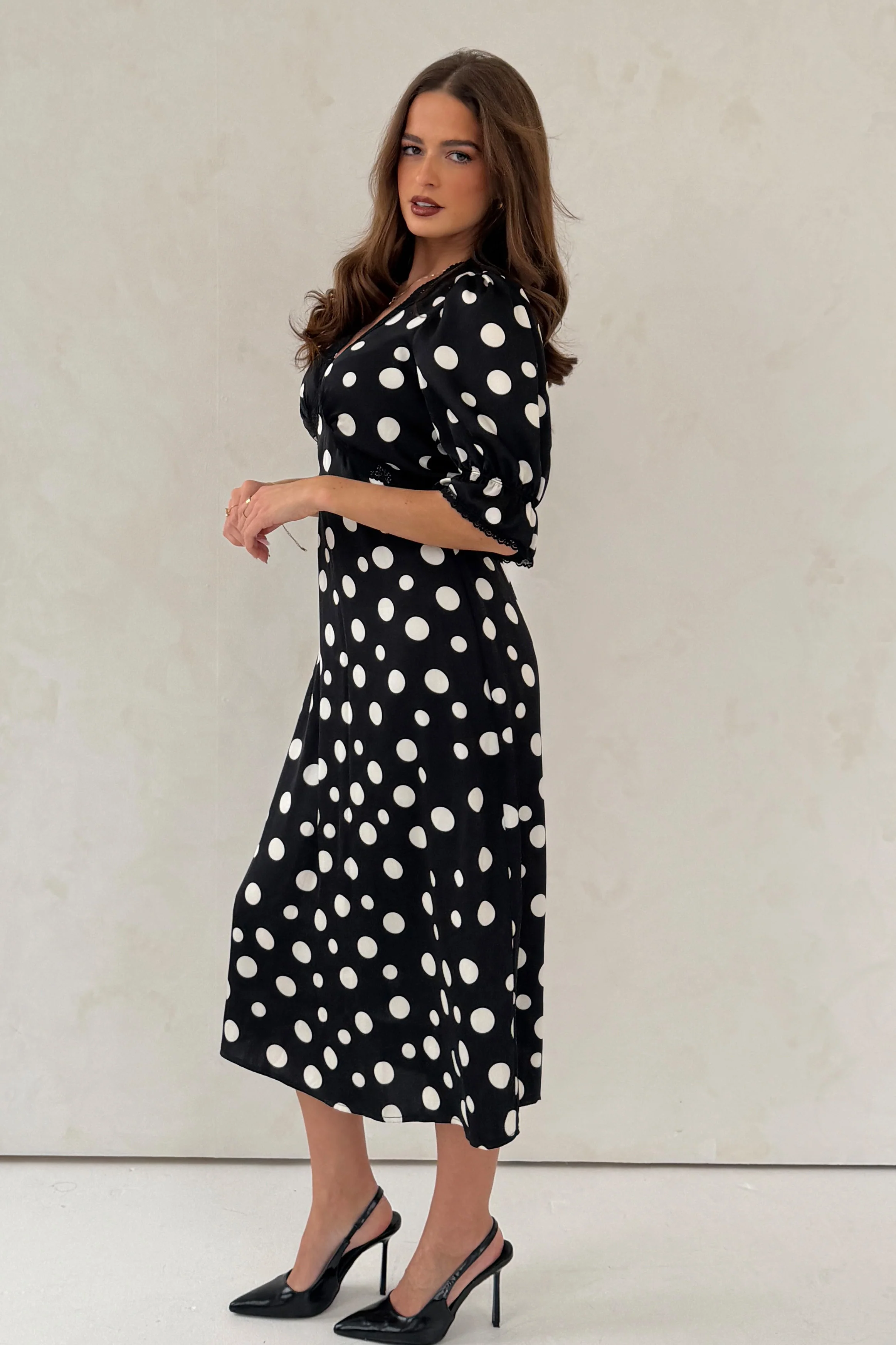 Sharon V-Neck Puff Sleeve Black Polka Midi Dress - Image 6