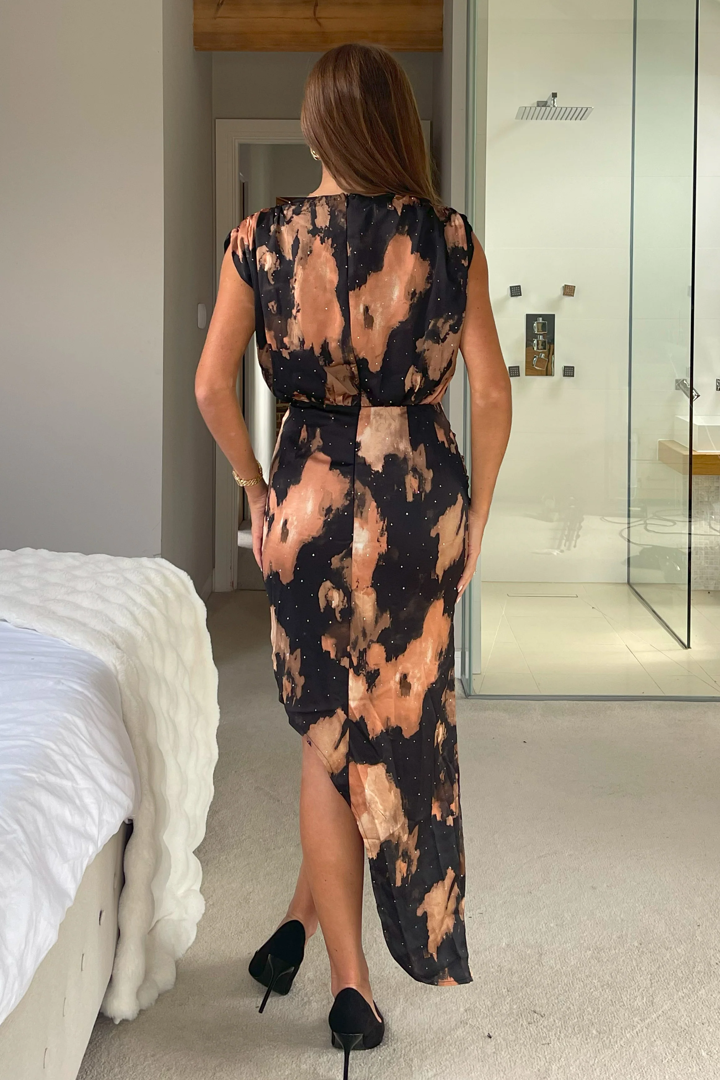 Lumen Padded Shoulder Diamonte Midi Dress Brown - Image 4