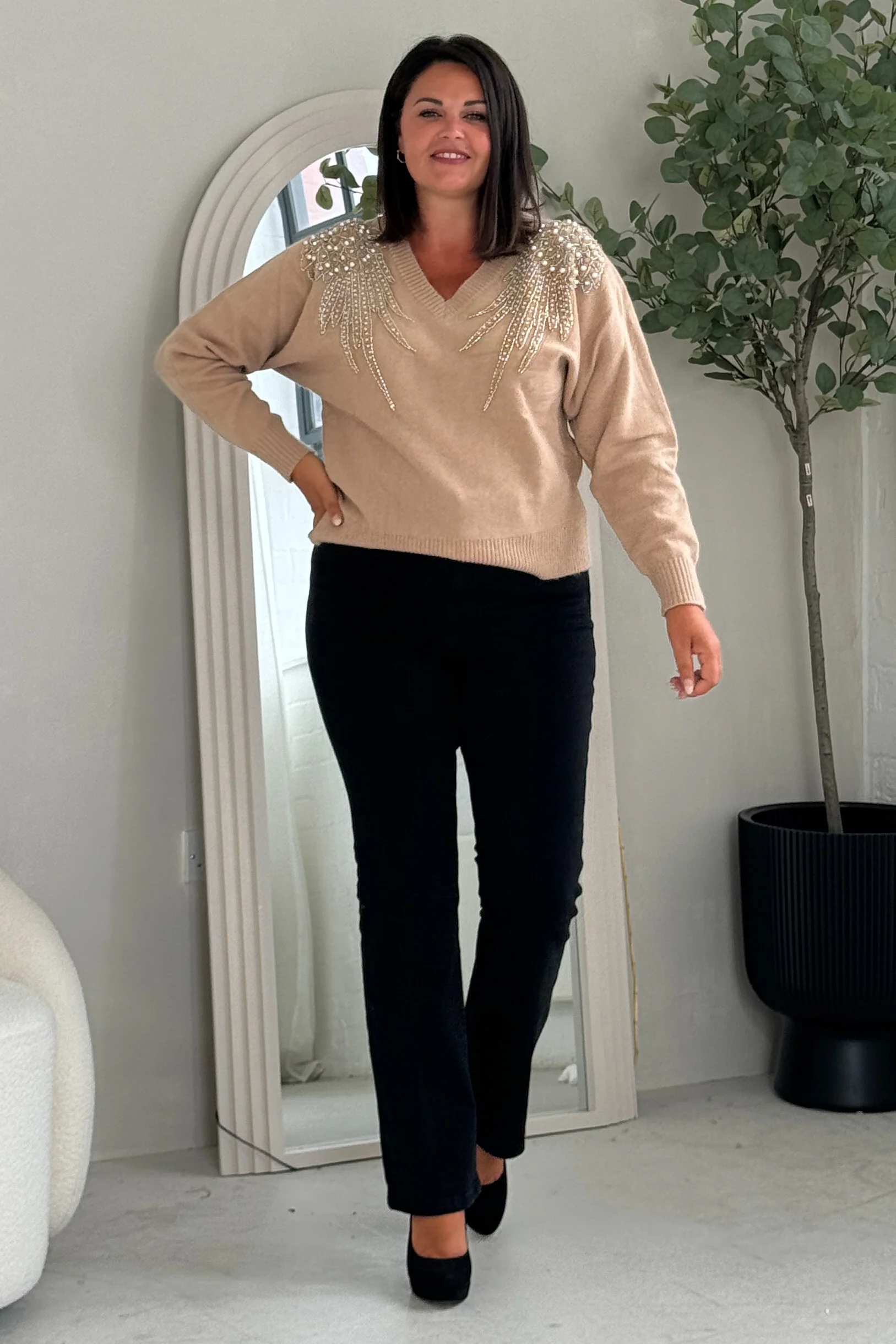 Sia Camel Knit with Pearl & Sequin Wing Detail Jumper - Image 4