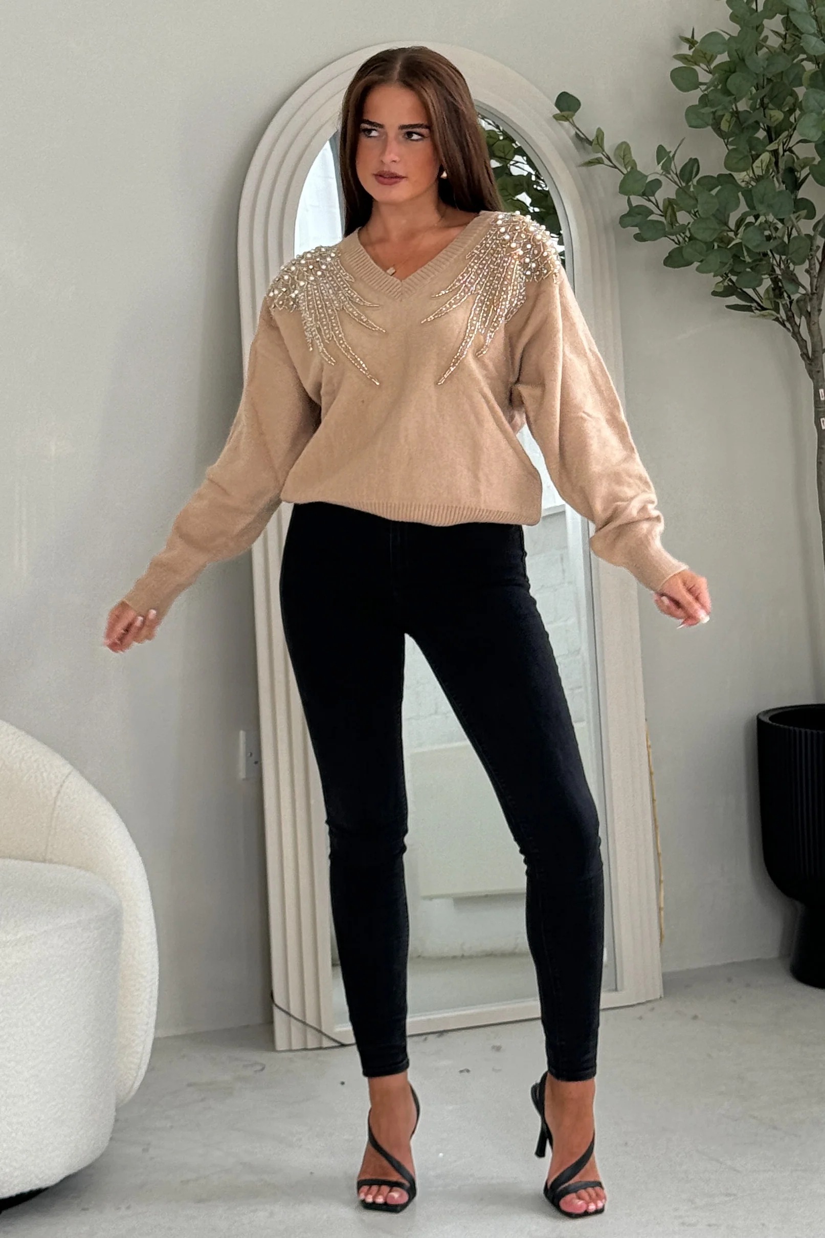 Sia Camel Knit with Pearl & Sequin Wing Detail Jumper - Image 5