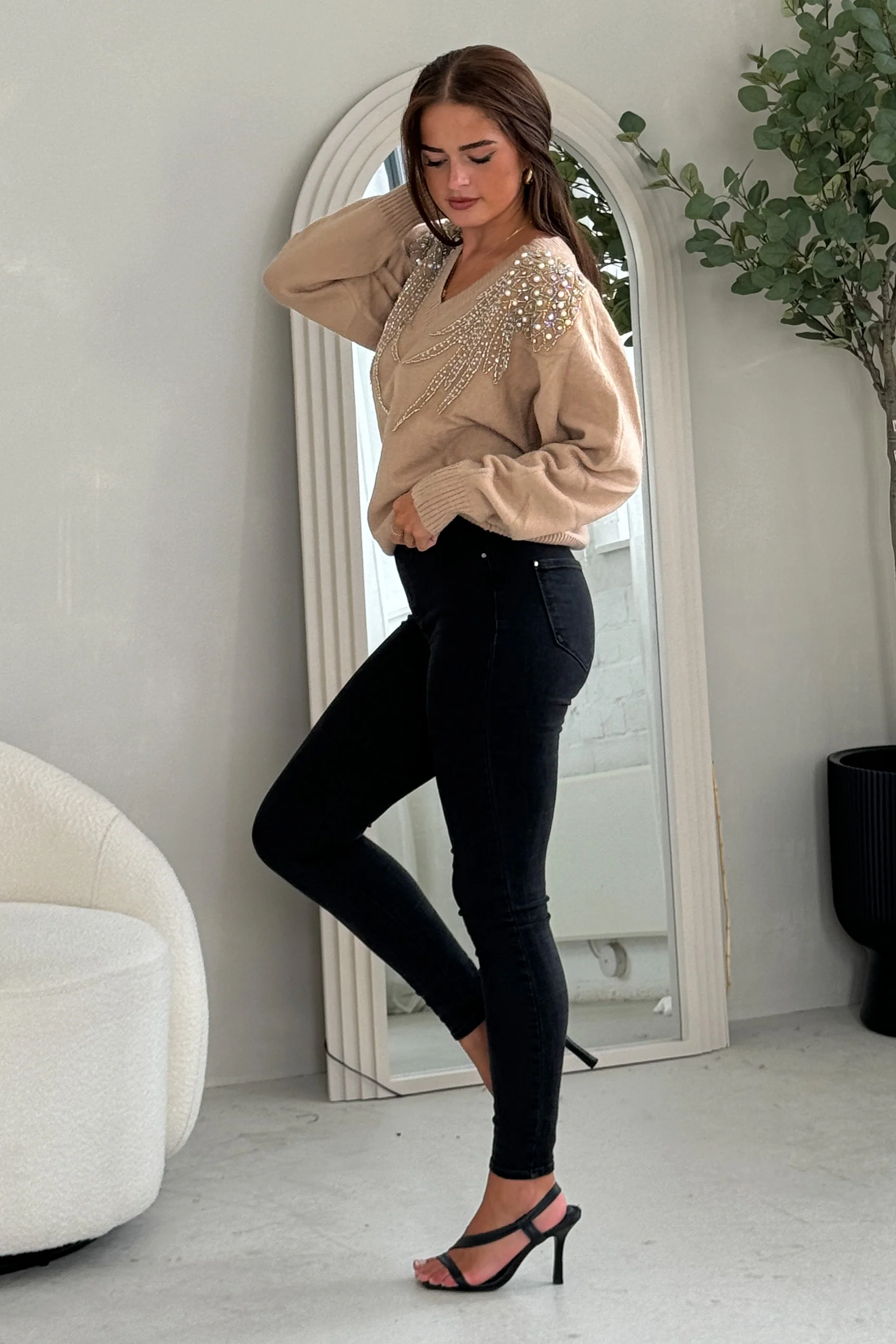 Sia Camel Knit with Pearl & Sequin Wing Detail Jumper - Image 6