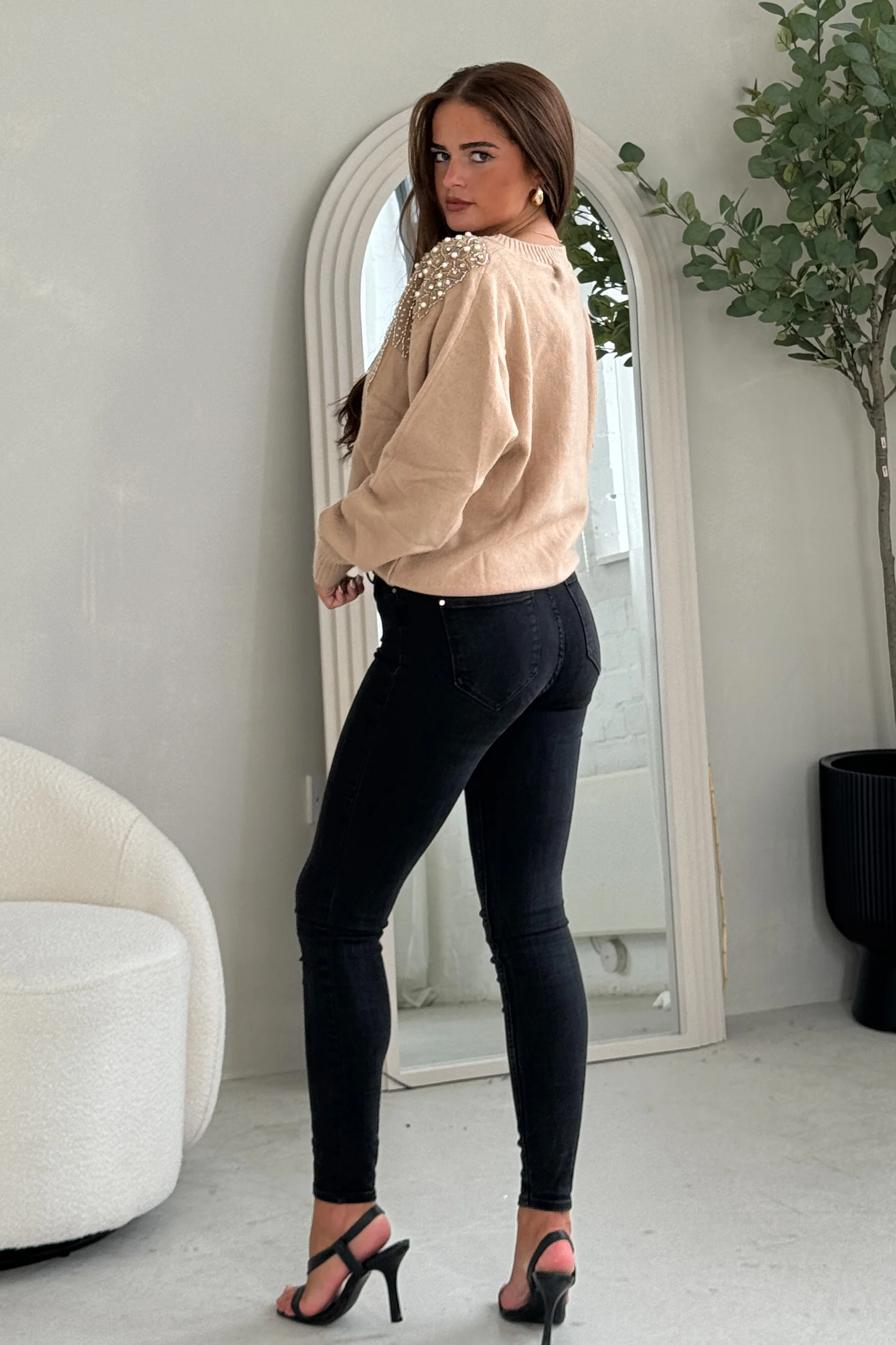 Sia Camel Knit with Pearl & Sequin Wing Detail Jumper - Image 8