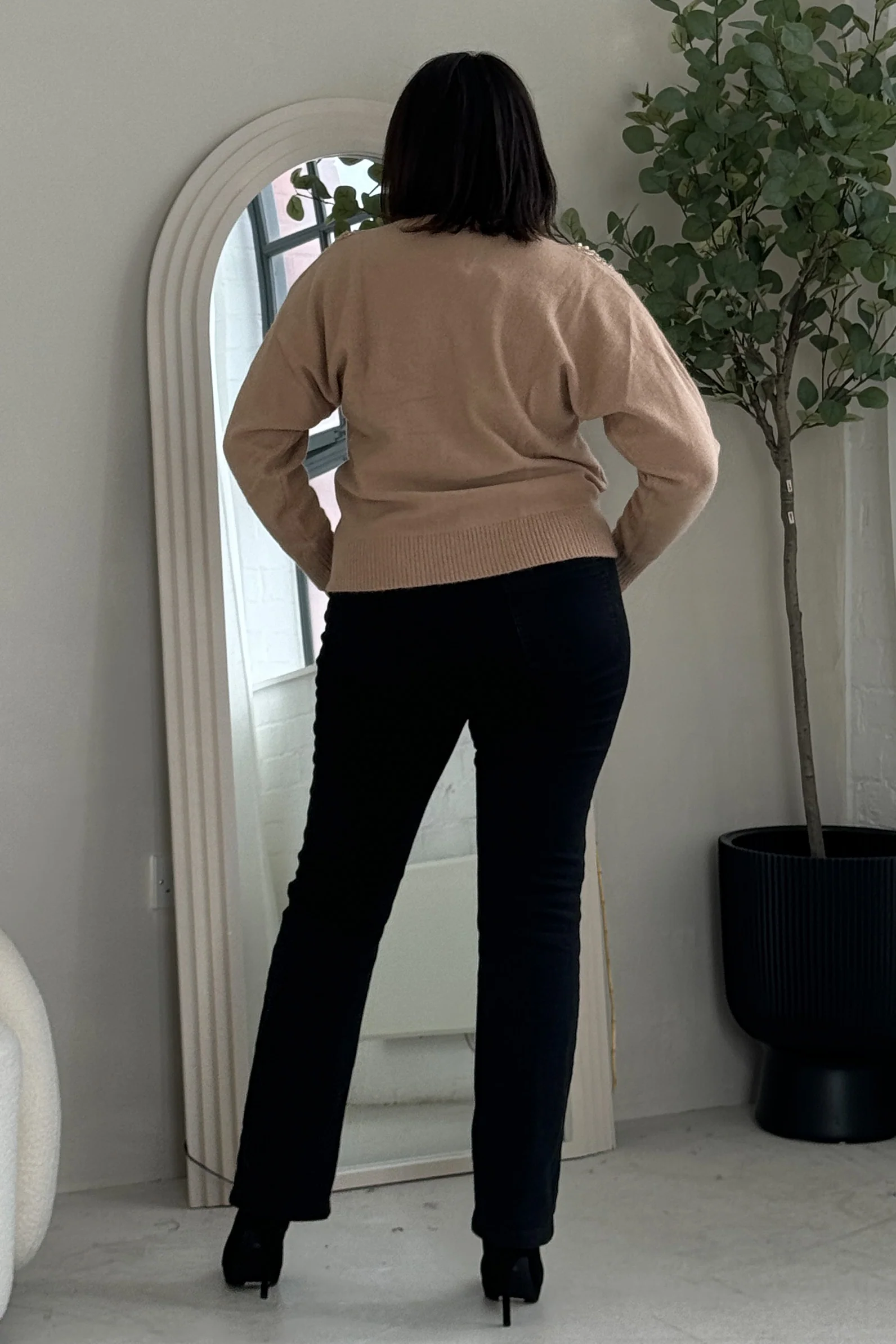 Sia Camel Knit with Pearl & Sequin Wing Detail Jumper - Image 9