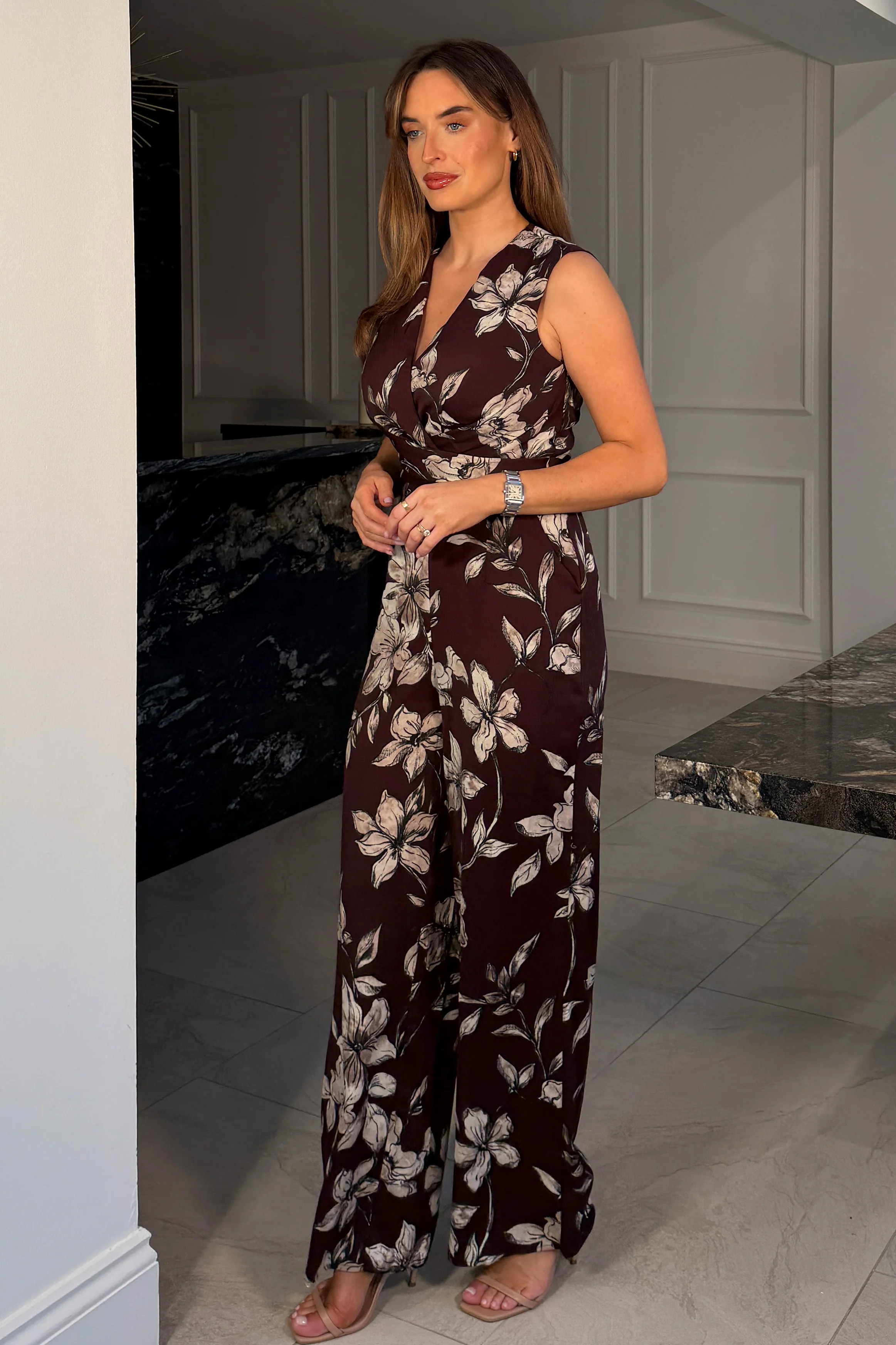 Sinead Sleeveless V-Neck Floral Print Burgundy Jumpsuit - Image 3