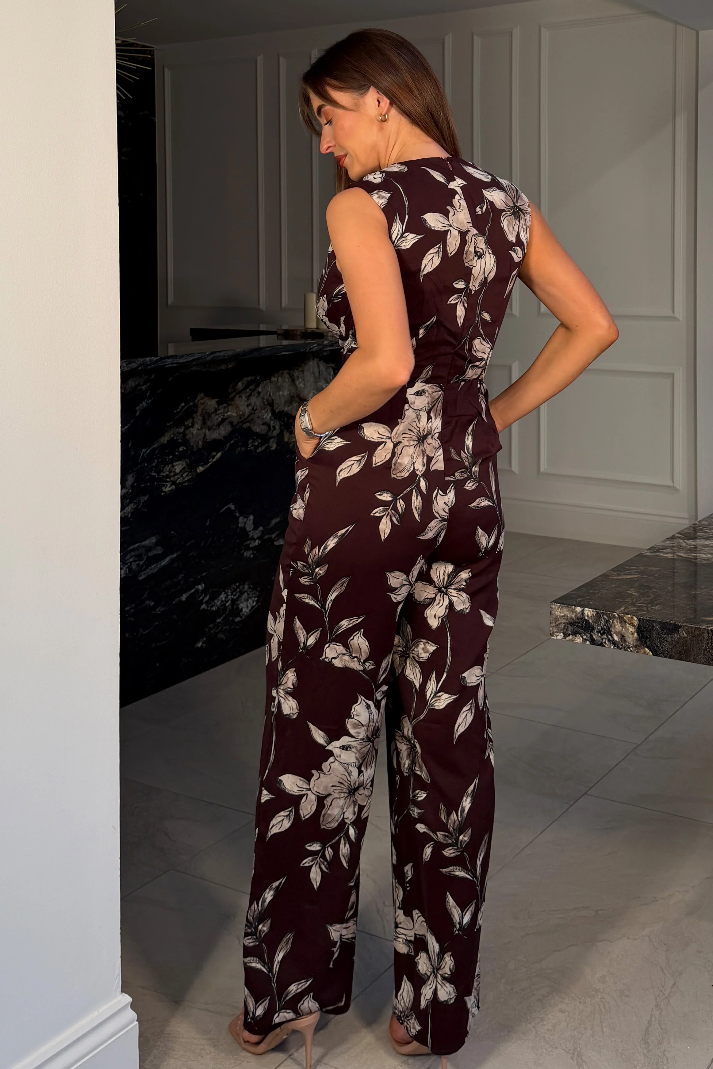 Sinead Sleeveless V-Neck Floral Print Burgundy Jumpsuit - Image 4