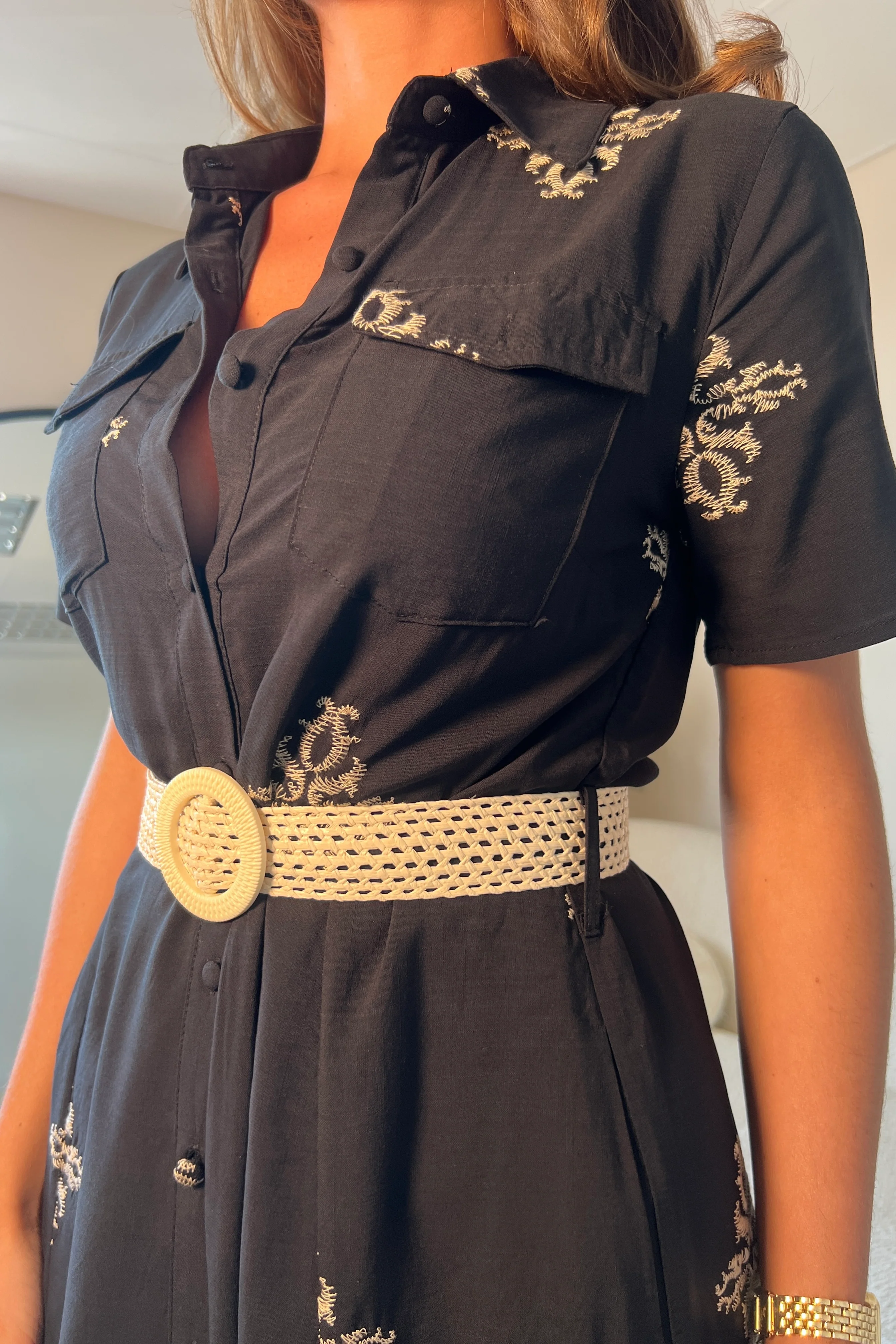 Solène Embroidered Short Sleeve Shirt Dress Black - Image 6