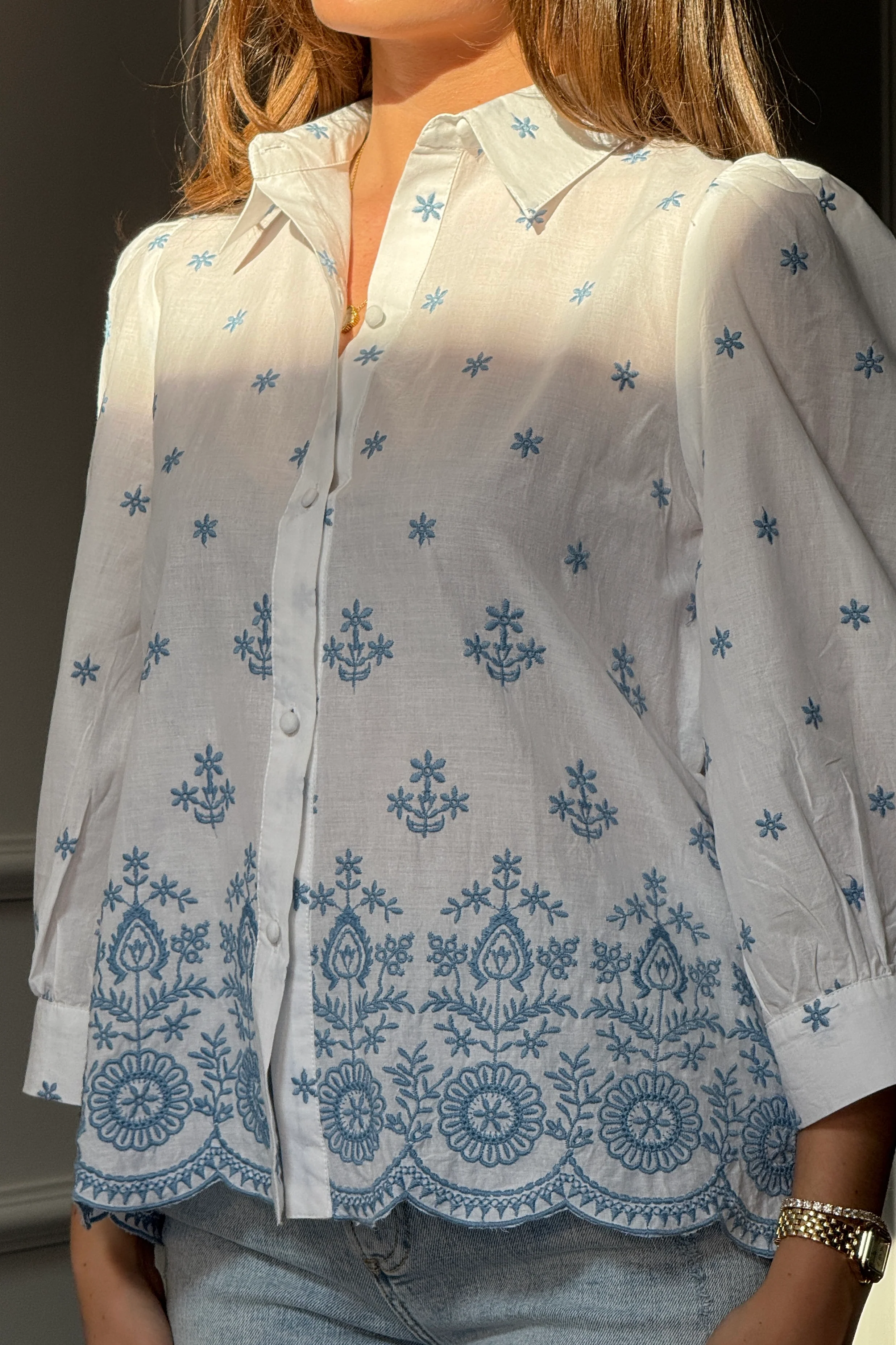 Stacy Blue Embroidery Puff Sleeve Cotton Shirt - Image 4