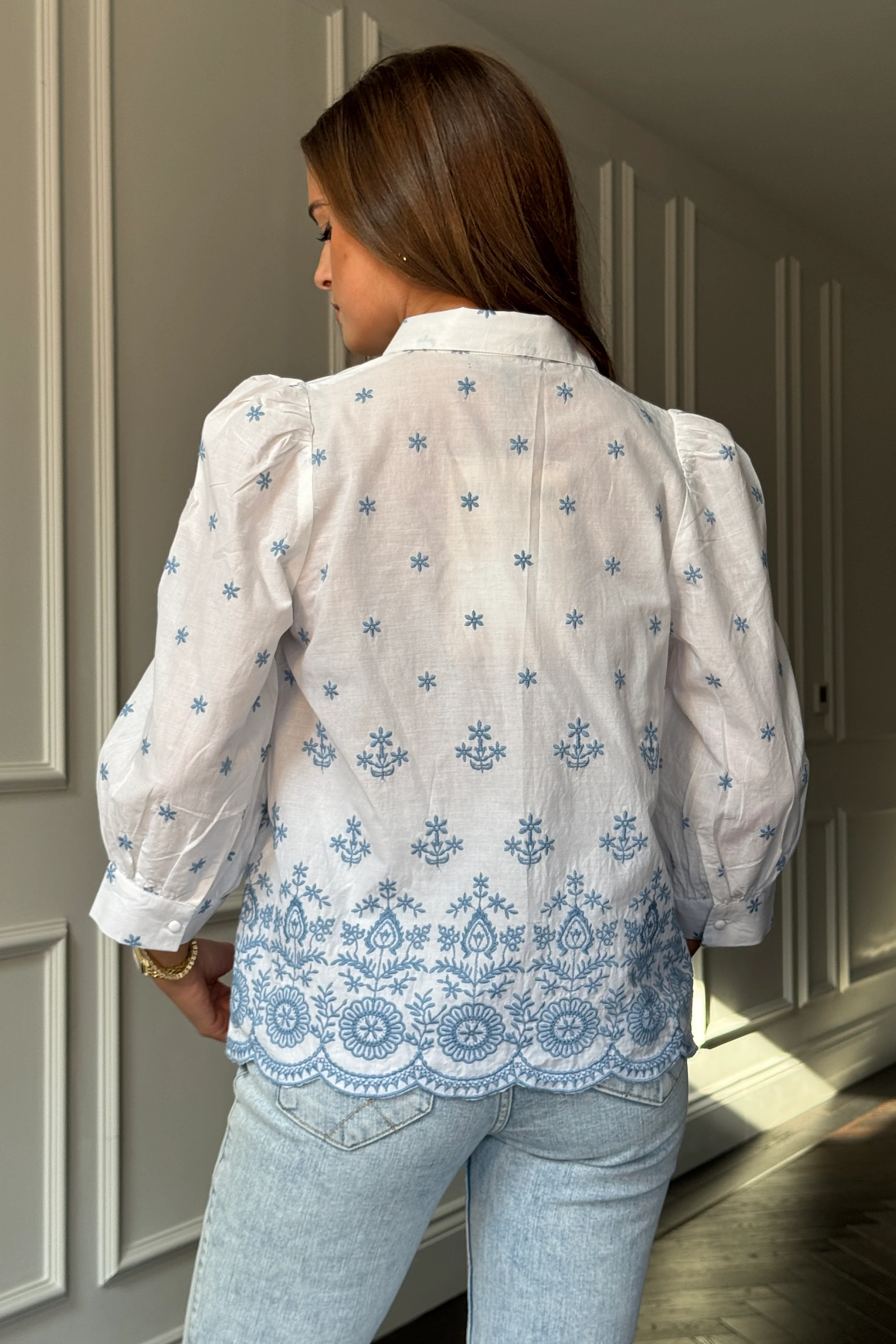 Stacy Blue Embroidery Puff Sleeve Cotton Shirt - Image 5