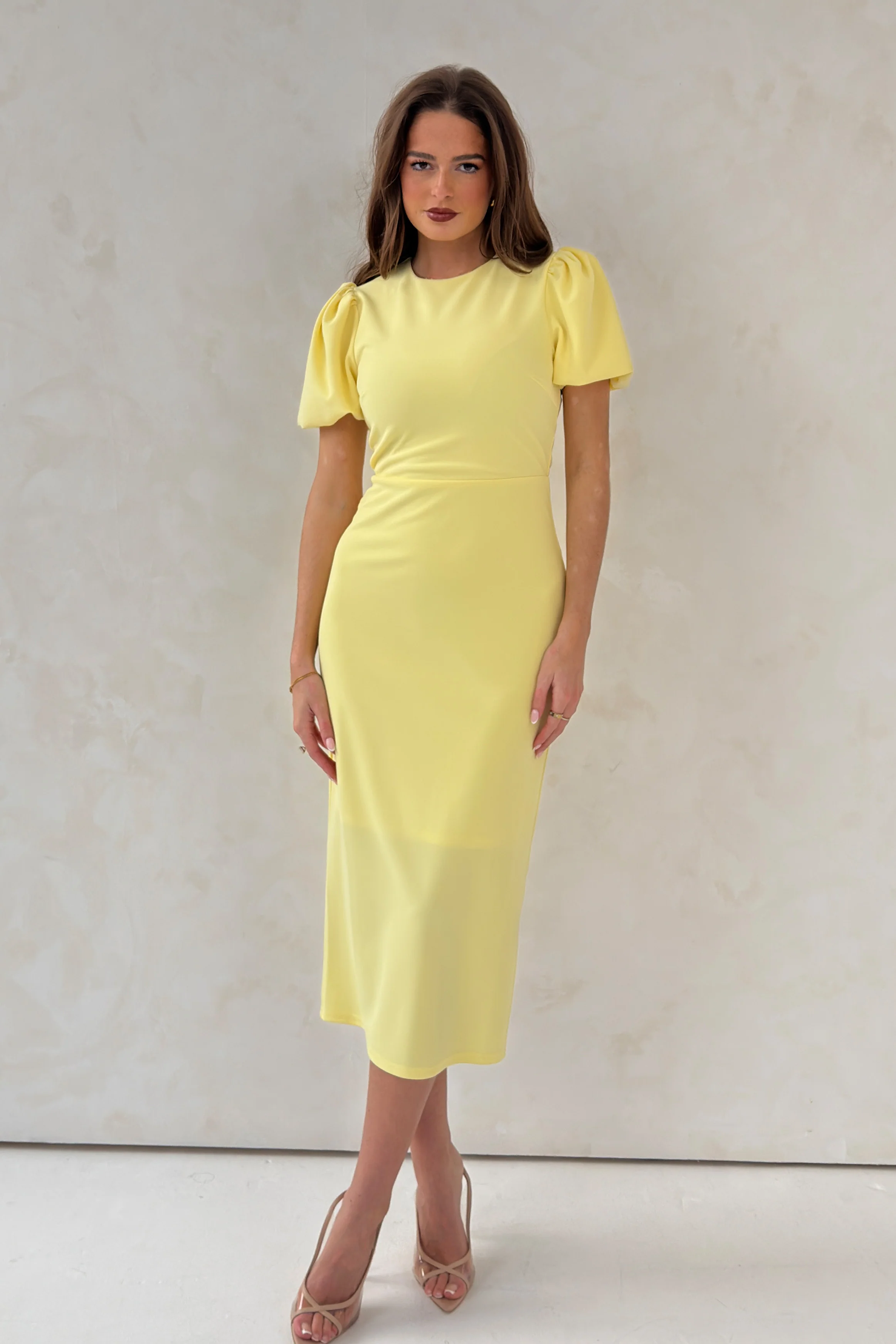 Sue Puff Sleeve Round Neck Midi Dress Yellow - Image 3