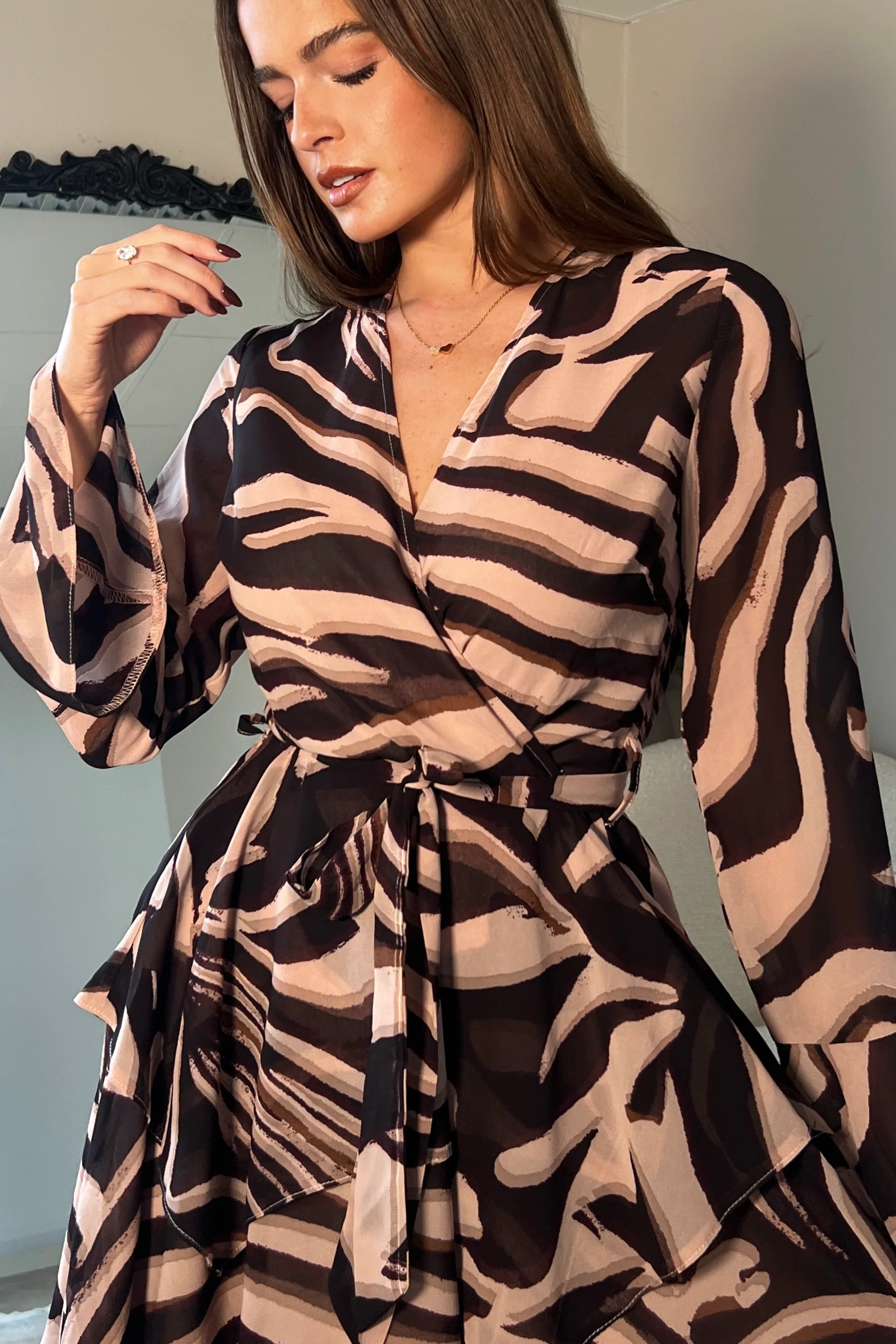 Susie Tiered Skirt Flared Sleeve Mini Dress Brown Zebra - Image 2