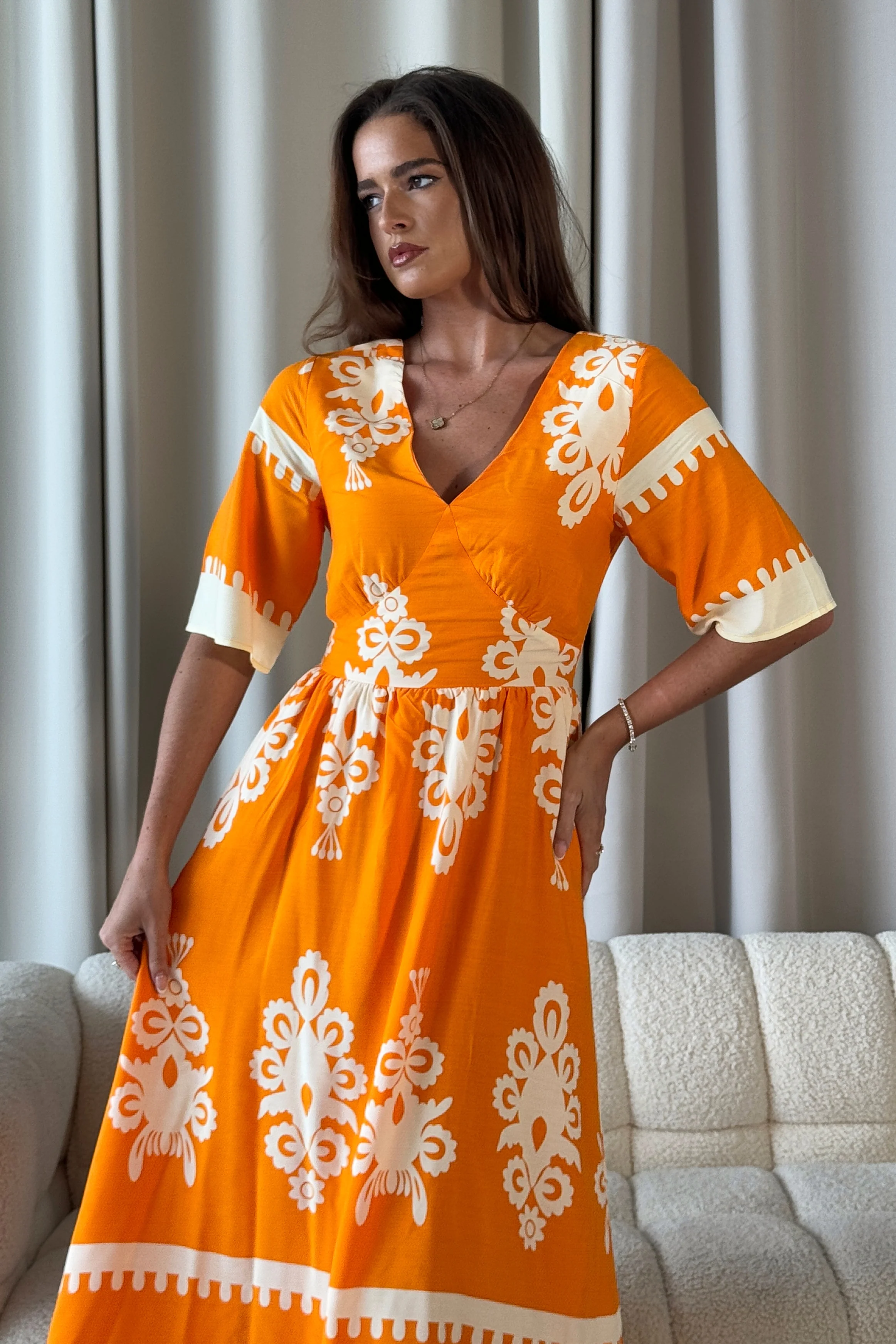 Suzanne Orange Boarder Midi Dress - Image 2
