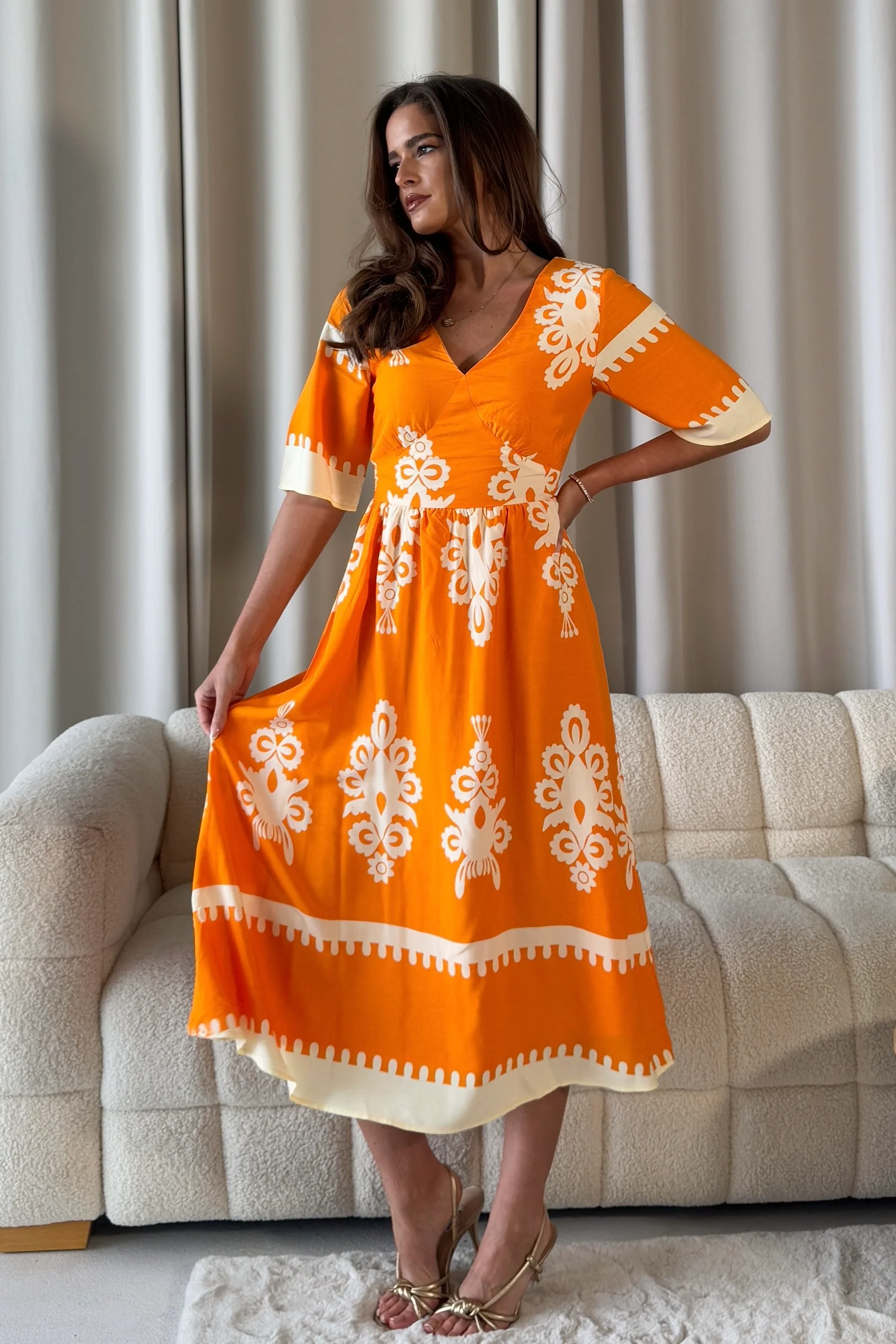 Suzanne Orange Boarder Midi Dress - Image 3