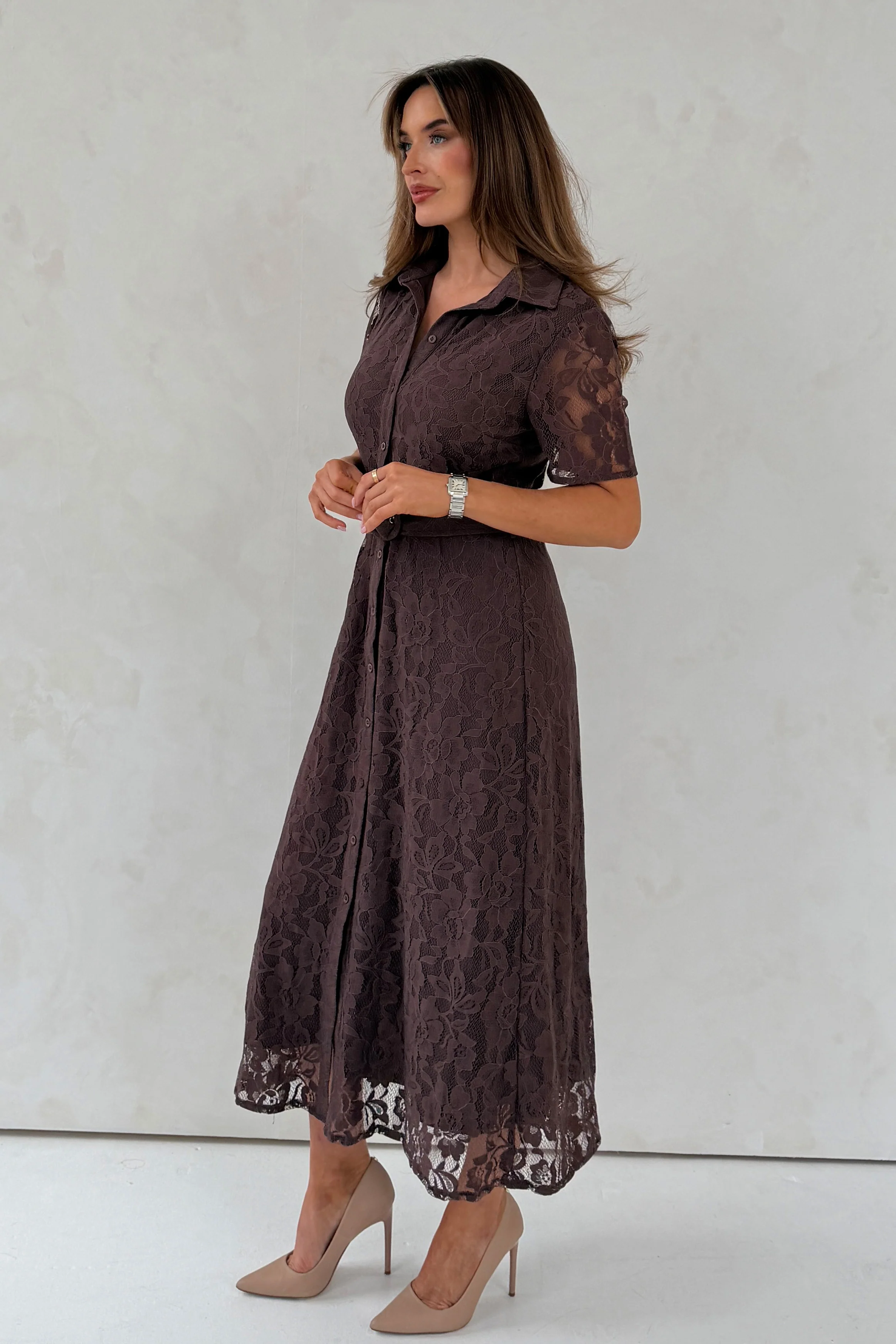 Tansy Short Sleeve Lace Shirt Dress Brown - Image 4