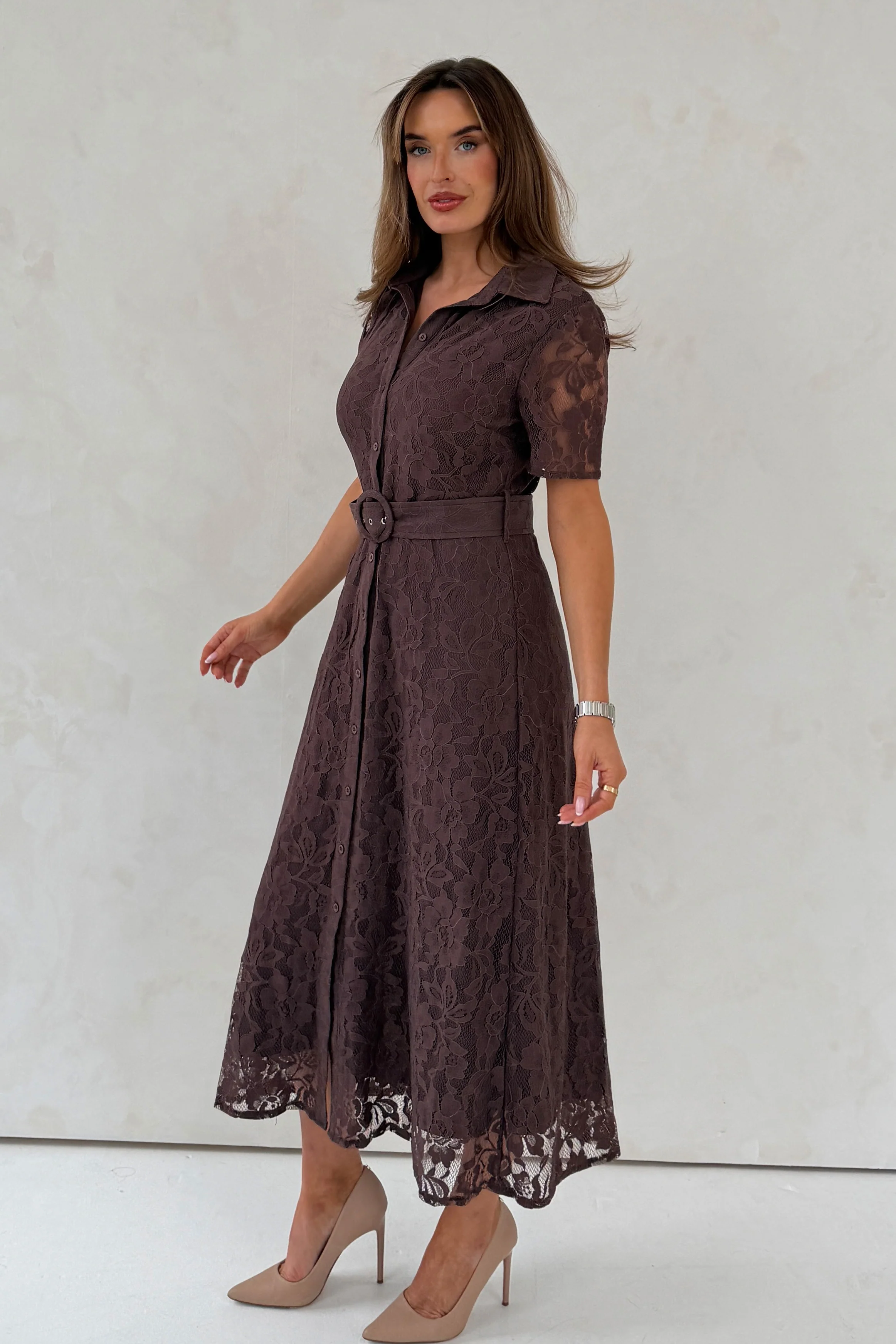 Tansy Short Sleeve Lace Shirt Dress Brown - Image 5