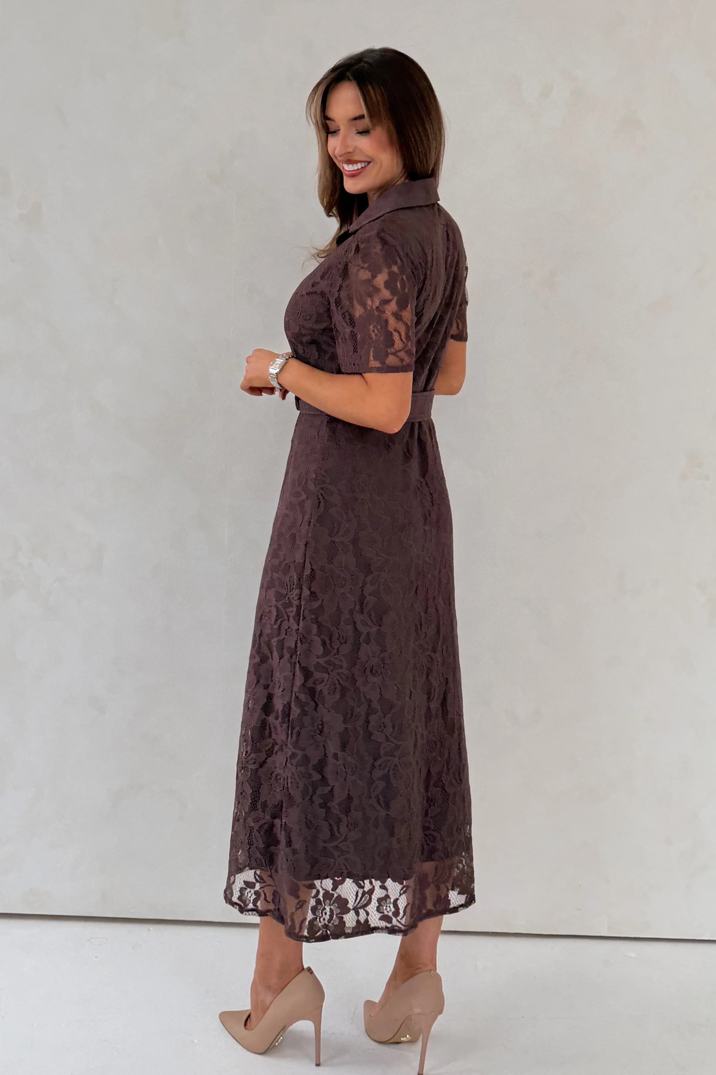Tansy Short Sleeve Lace Shirt Dress Brown - Image 6