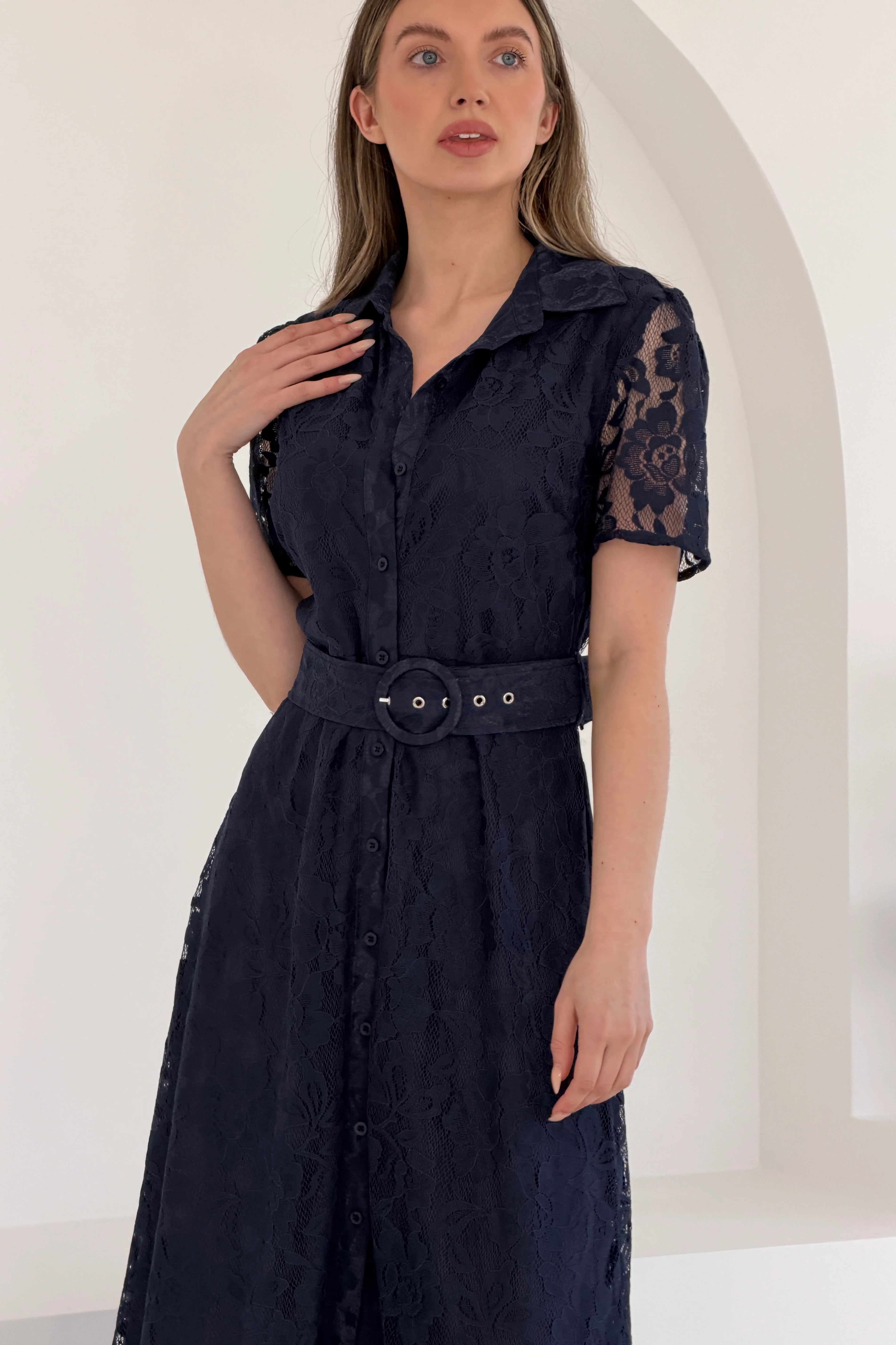 Tansy Short Sleeve Lace Shirt Dress Navy - Image 2