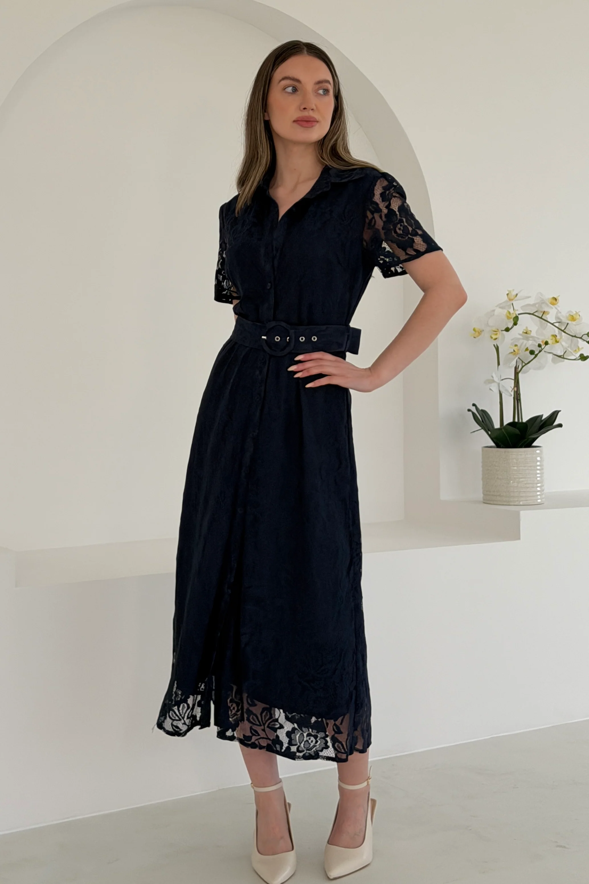 Tansy Short Sleeve Lace Shirt Dress Navy - Image 3