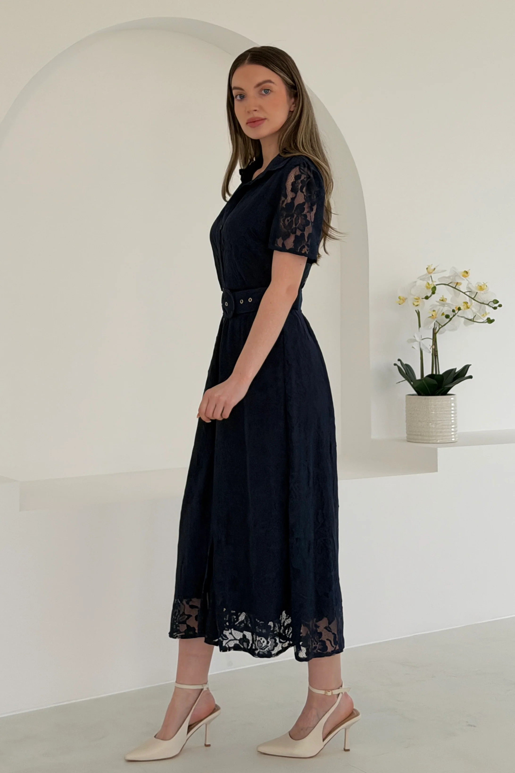 Tansy Short Sleeve Lace Shirt Dress Navy - Image 4