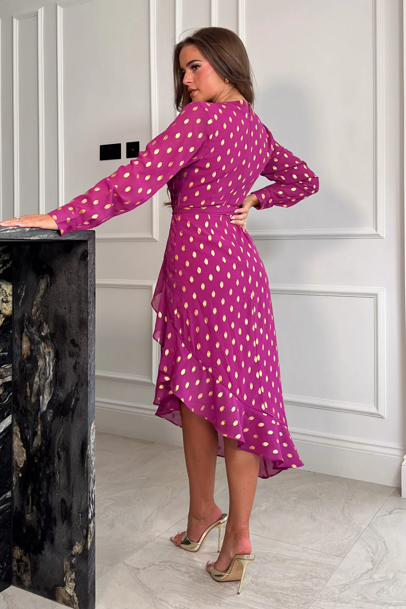 Tanya Plum & Gold Colour Foil Asymmetric Midi Dress - Image 4