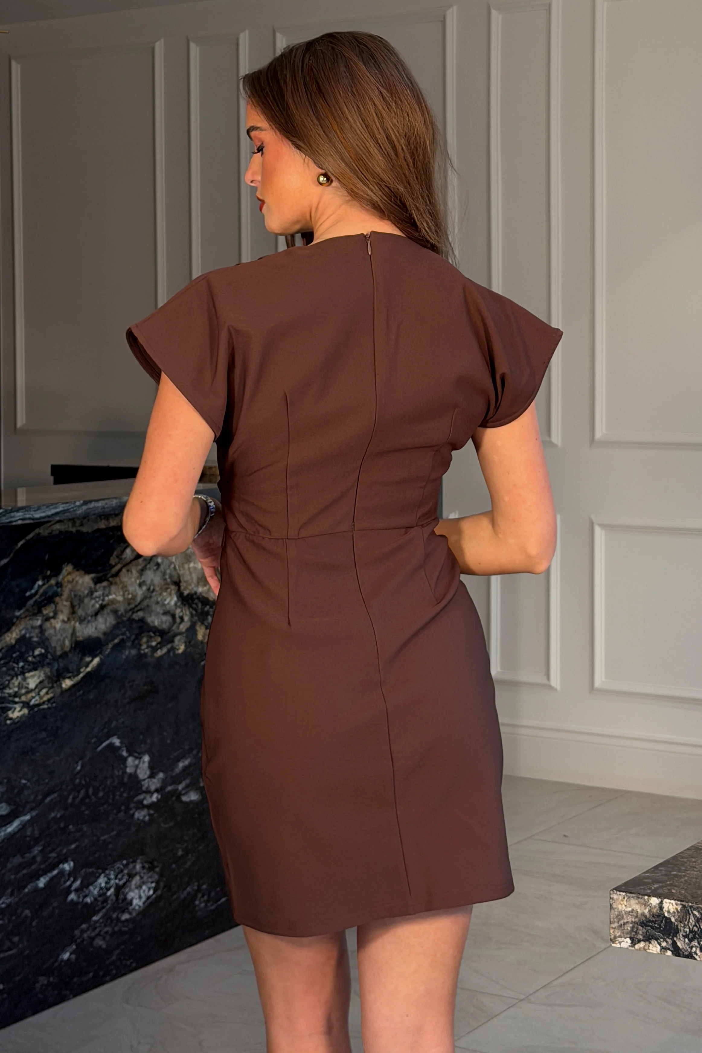 Terri Ruched Waist Short Sleeve Brown Mini Dress - Image 5
