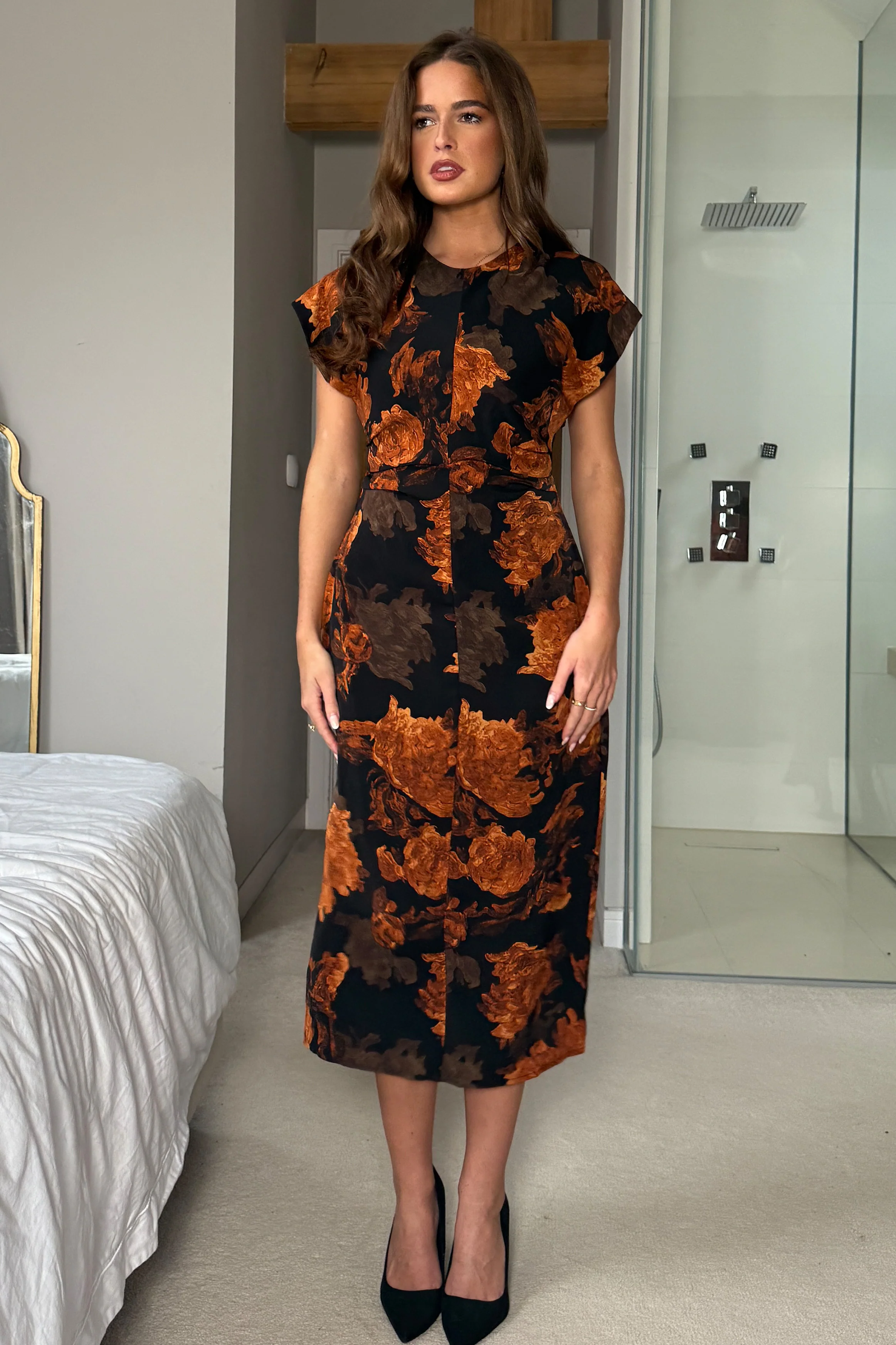 Terri Ruched Waist Short Sleeve Orange Midi Dress