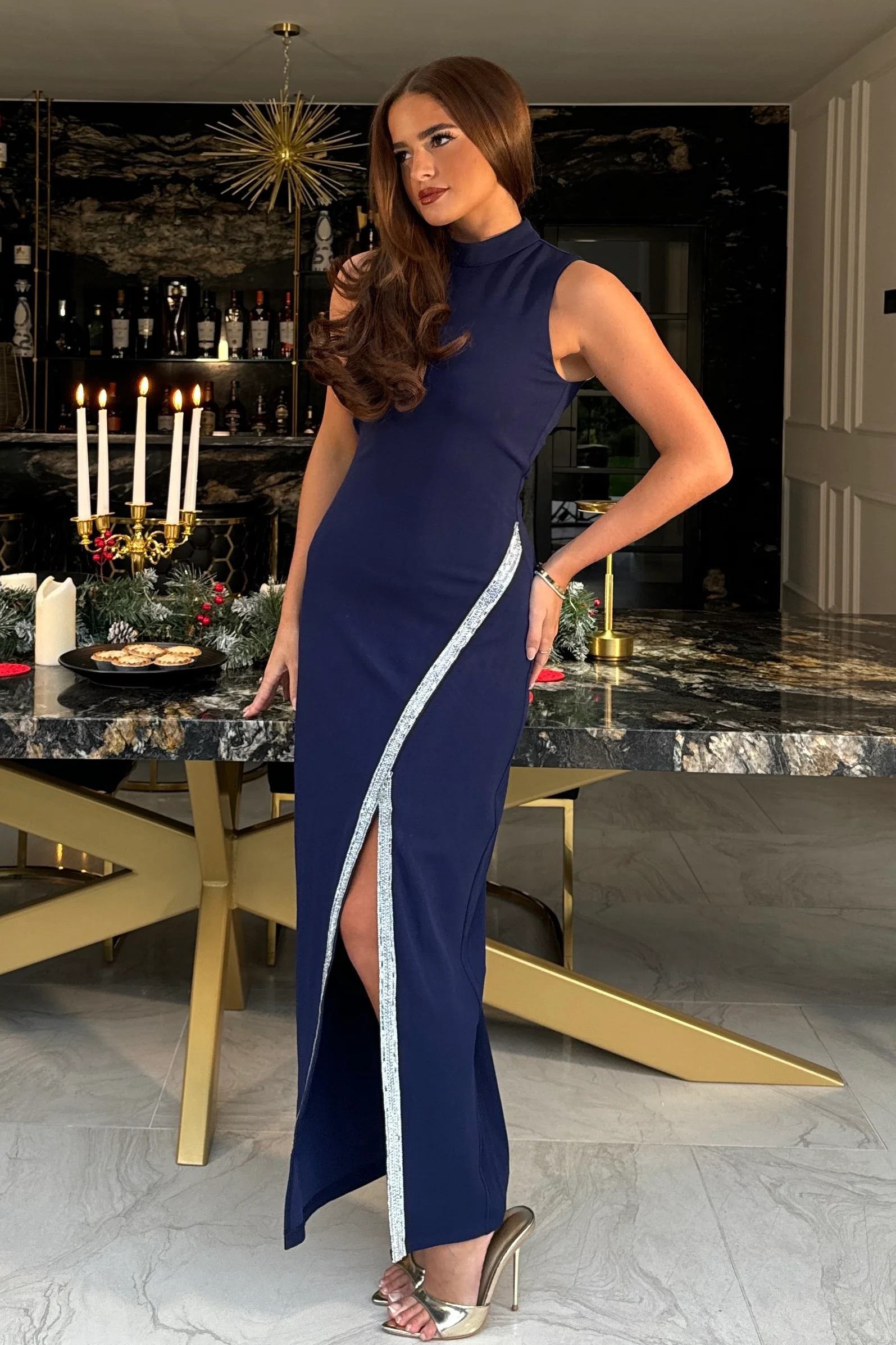 Thalia High Neck Maxi With Crystal Split Detail Navy - Image 3