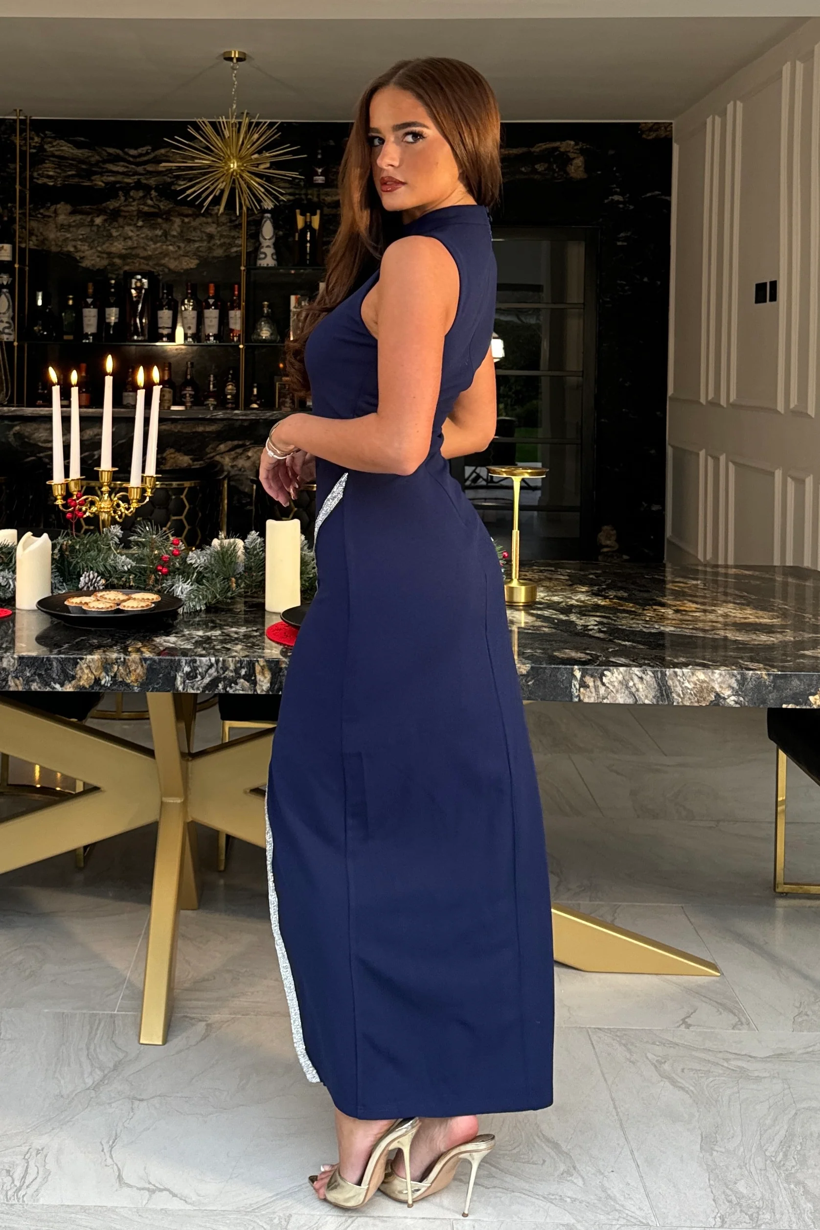 Thalia High Neck Maxi With Crystal Split Detail Navy - Image 4